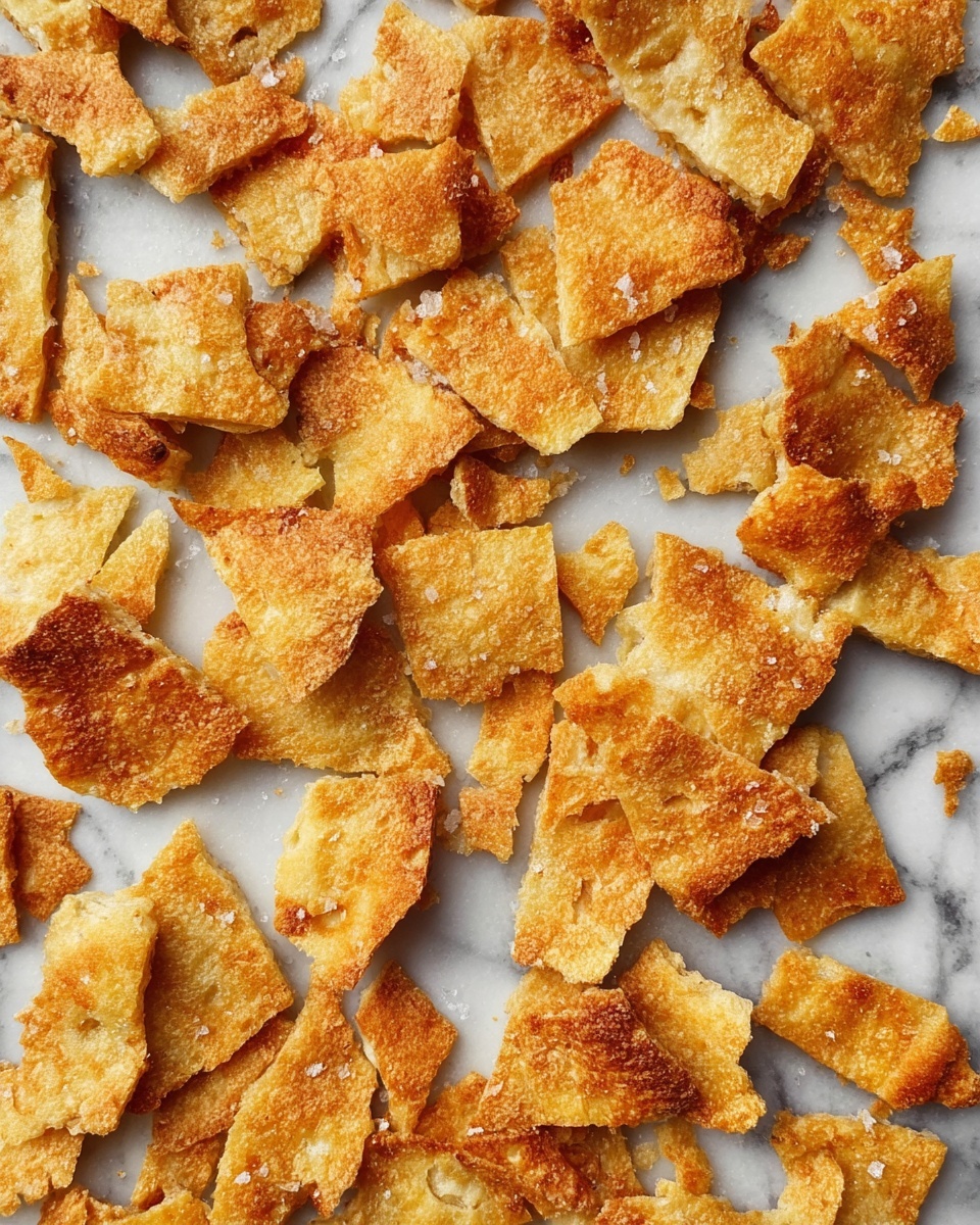 Fattoush Salad Recipe 5 The image shows many small, broken pieces of golden-brown flatbread scattered across a white marbled surface. Each piece has a rough, crispy texture with some edges appearing darker and more toasted than others. The flatbread pieces vary in size and shape, with some pieces showing light flakes of salt on top. The overall look is crunchy and irregular, with a mix of smooth and rough surfaces on the flatbread. photo taken with an iphone --ar 4:5 --v 7