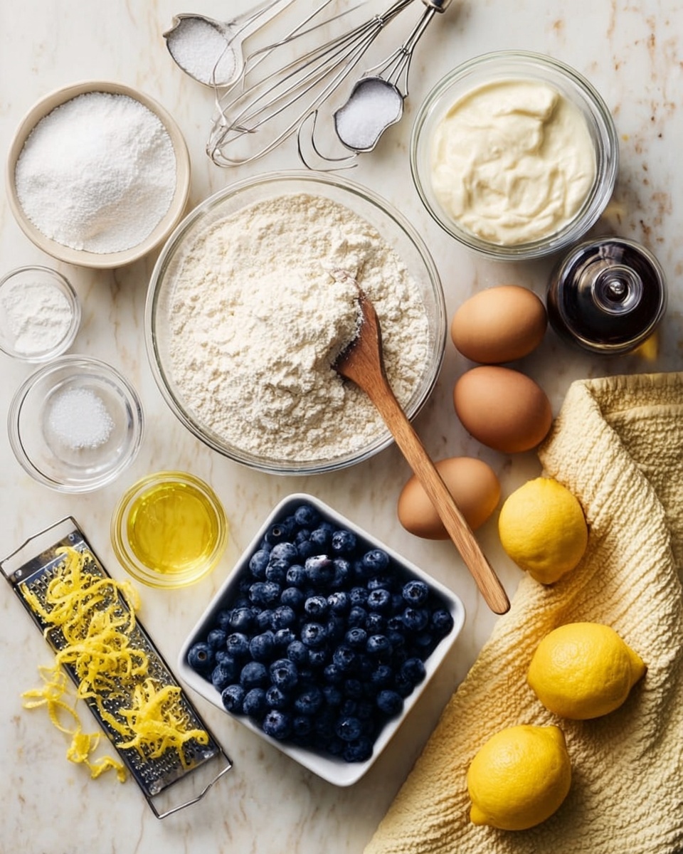 Lemon Blueberry Bread Recipe 4 The image shows a white marbled surface with several ingredients neatly arranged for baking. In the center, there's a large clear glass bowl filled with white flour and a wooden spoon resting inside it. To the left, a small glass bowl holds white granulated sugar, and above it, another bowl contains a white powder, likely baking powder, with metal measuring spoons on top. A small glass bowl filled with creamy white yogurt is also visible. A square white bowl full of fresh, plump blueberries is placed near the center. Two brown eggs lie side by side to the right of the blueberries. Below the sugar, a lemon zester with yellow lemon zest on it is placed next to two whole yellow lemons. A small glass bottle filled with light golden oil is near the top right corner, and a glass bottle with a dark cap, possibly vanilla extract, is on the bottom left. A pale yellow textured cloth is partially visible on the right side. photo taken with an iphone --ar 4:5 --v 7