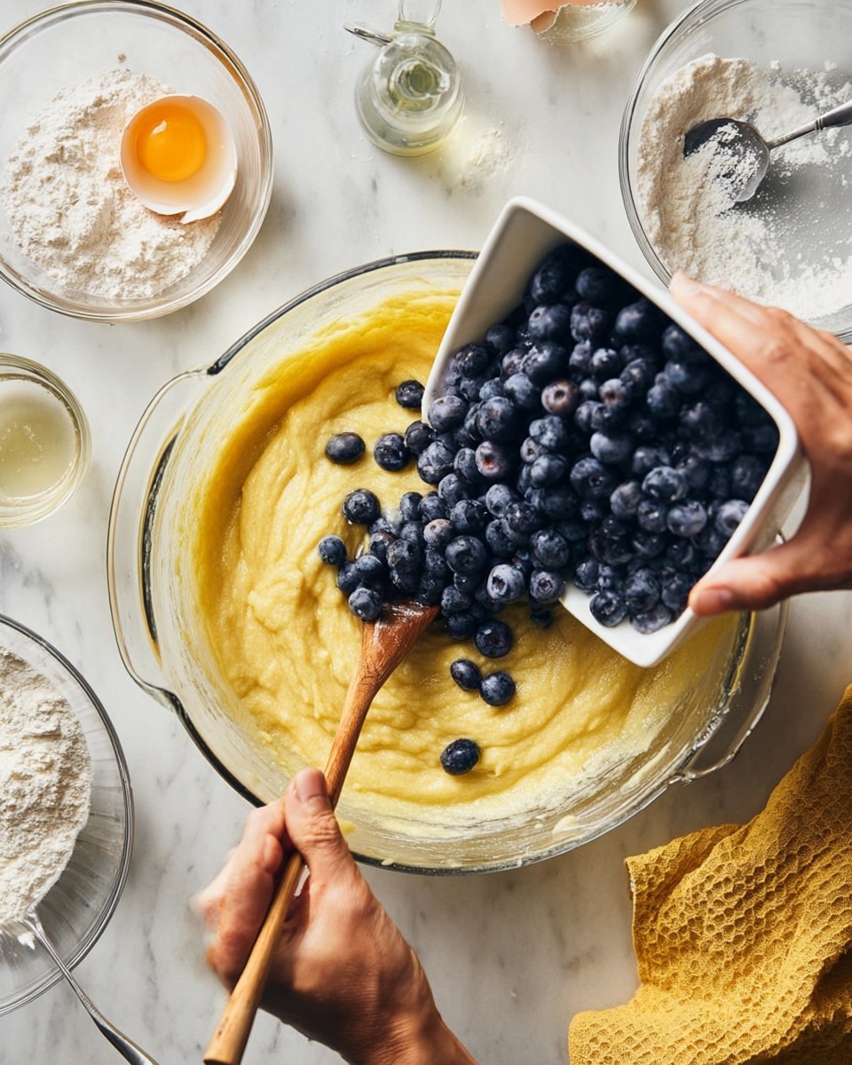 Lemon Blueberry Bread Recipe 5 A clear glass bowl filled with light yellow thick batter sits on a white marbled surface, with a woman's hand holding a wooden spoon stirring the batter. Another woman's hand is tilting a white square container, pouring fresh, dark blue blueberries into the center of the batter, some blueberries scattered on top. Surrounding the main bowl are clear and white bowls holding ingredients like flour, with a cracked egg in a small clear bowl and a yellow textured cloth nearby. There is also a small bottle of clear liquid, a silver spoon, and an empty clear glass bowl with some flour residue at the top right of the image. photo taken with an iphone --ar 4:5 --v 7