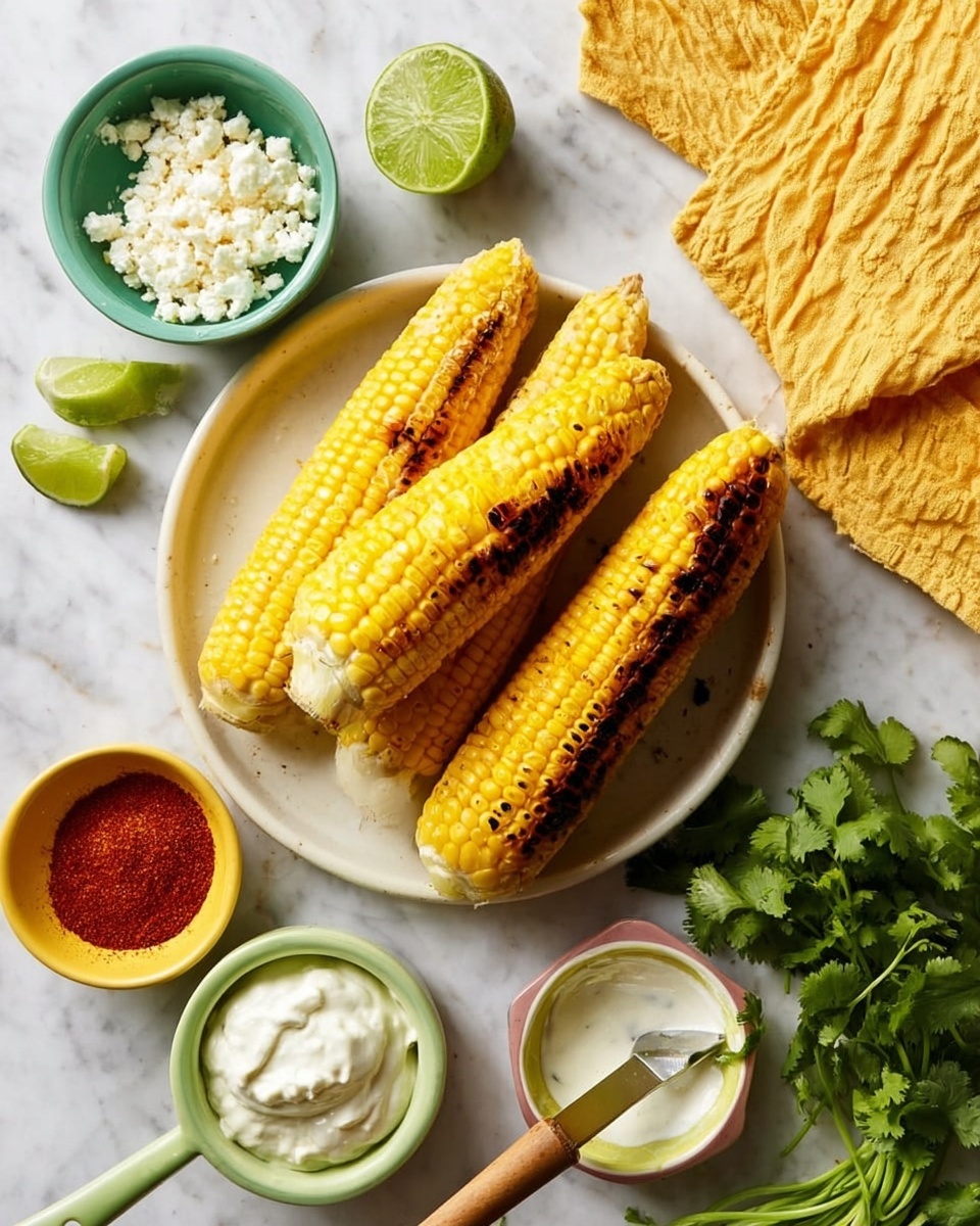 The image shows four grilled yellow corn on the cobs with some charred marks, placed on a white plate. Around the plate, there are a few lime halves, a small white bowl with white crumbly cheese, a small yellow bowl filled with red chili powder, and a mint-green bowl with white creamy sauce and a spatula resting inside it. A lime squeezer with a halved lime is also visible near fresh green cilantro leaves. In the top right corner, there is a yellow textured cloth on a white marbled surface. Photo taken with an iphone --ar 4:5 --v 7