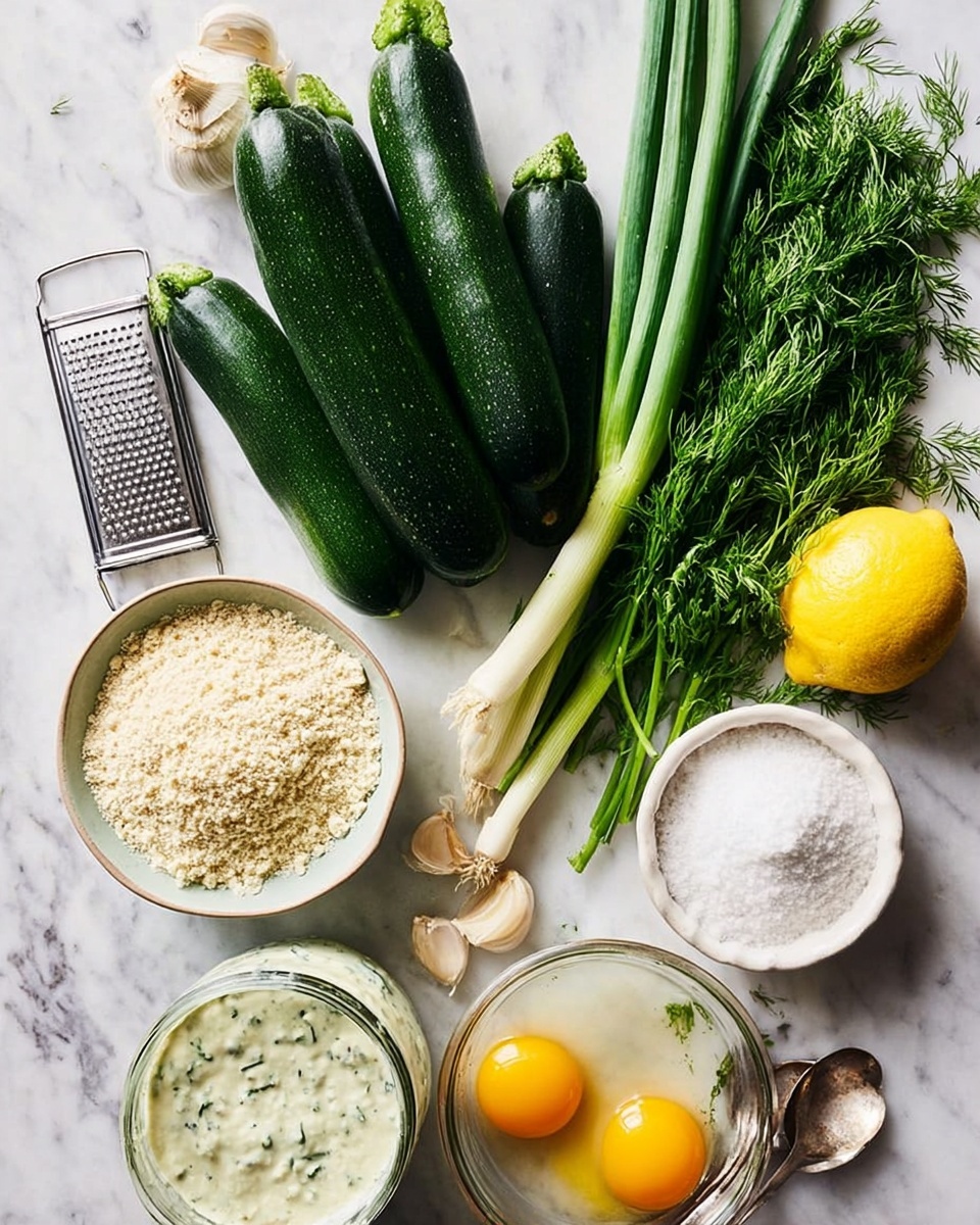 Crispy Zucchini Fritters with Dill and Scallions Recipe 4 The image shows ingredients neatly placed on a white marbled surface. There are three whole dark green zucchinis grouped near three green onions with long white bottoms and green tops. Next to them, fresh bunches of dill with feathery leaves lie beside a few cloves of garlic with light purple skins. A lemon with bright yellow peel sits near a silver box grater. On the left side, a white bowl is filled with light tan crumbs, while on the right side, a small glass bowl contains two cracked eggs with clear whites and bright yellow yolks. A small white bowl filled with white flour and a jar of creamy white sauce with green herbs and a silver spoon inside are also arranged around the produce. Photo taken with an iphone --ar 4:5 --v 7