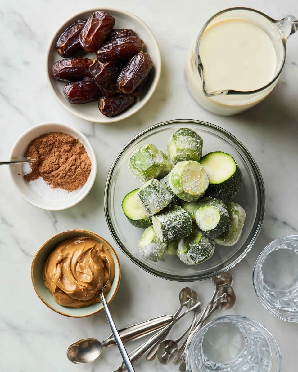 Chocolate Zucchini Smoothie Recipe 4 The image shows a top view of various ingredients on a white marbled surface. In the center, there is a clear glass bowl filled with thick, round pieces of frozen zucchini stacked loosely in layers, with visible frost on them. To the top-left, there is a white bowl filled with dark brown dates arranged in a pile. Below it, there is a small clear glass bowl with creamy brown peanut butter and a spoon inside. At the bottom left, another white bowl holds a mix of brown powders with a metallic measuring spoon resting on top. To the right, a large clear glass pitcher filled with a creamy white liquid stands next to two clear empty drinking glasses. Several metallic measuring spoons are spread out near the bottom of the frame. Photo taken with an iphone --ar 4:5 --v 7