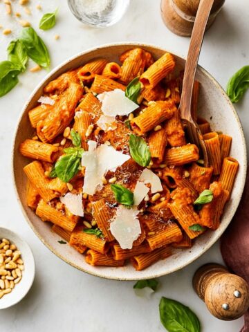 Roasted Red Pepper Pasta with Basil, Parmesan, and Pine Nuts Recipe