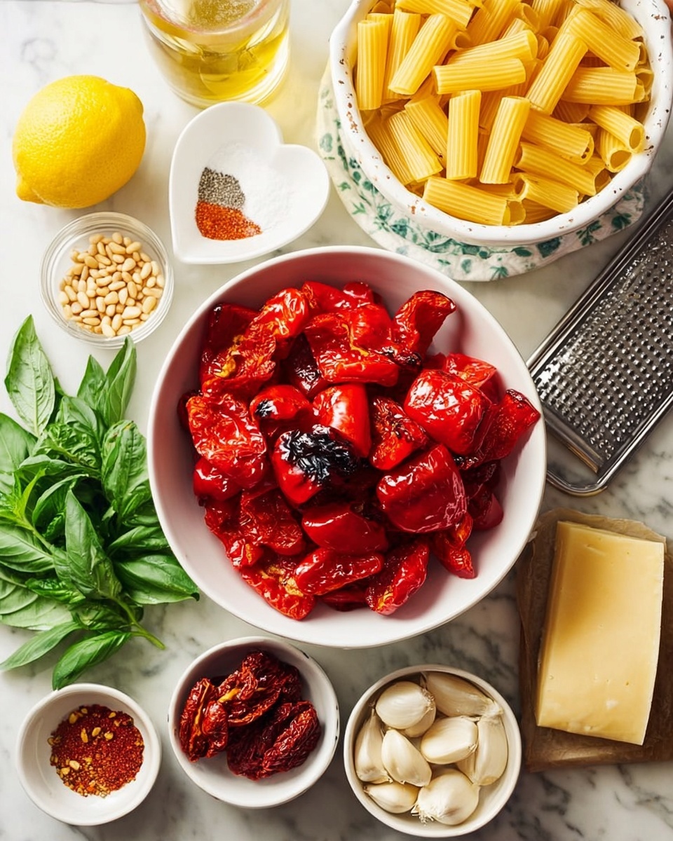 The image shows a white bowl filled with bright red roasted peppers with some black char marks on them in the center. Above it to the right is a white colander holding light yellow cooked rigatoni pasta. Around these main ingredients are fresh green basil leaves and a small white heart-shaped bowl of pine nuts nearby. To the left, a ripe whole lemon sits beside a round white plate holding a small bowl of salt, a smaller bowl of red chili flakes, and measuring spoons with different spices. Below the pepper bowl is a white bowl filled with whole garlic cloves, and next to it is a small white bowl of sun-dried tomatoes. Also visible is a block of grated cheese, probably parmesan, on a metal grater. The background is a white marbled surface. Photo taken with an iphone --ar 4:5 --v 7