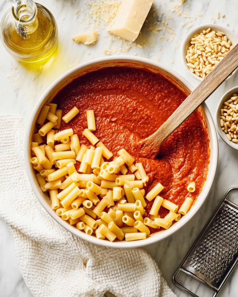 The image shows an overhead view of pasta being added to a white bowl filled with thick, smooth red tomato sauce. The pasta is short, tube-shaped, and light yellow in color, creating a contrast with the rich tomato sauce below. A wooden spoon is partially submerged in the sauce on the left side of the bowl. The bowl sits on a white marbled surface, with a white textured cloth nearby, a bottle of light golden olive oil, a small bowl of pine nuts, and a metal grater with some grated cheese on the surface next to it. Photo taken with an iphone --ar 4:5 --v 7