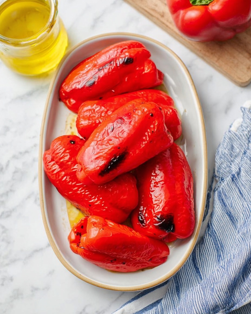 How to Roast Red Peppers in the Oven or on the Stovetop Recipe 5 An oval white plate holds seven bright red roasted peppers arranged in two layers that slightly overlap, each pepper showing a shiny, smooth texture with some blackened spots on the surface. The plate sits on a white marbled surface, next to a glass jar with yellow oil on the top left, a red bell pepper on the upper right, and a blue and white striped cloth on the bottom right corner. The peppers look soft and juicy with a glossy finish. Photo taken with an iphone --ar 4:5 --v 7