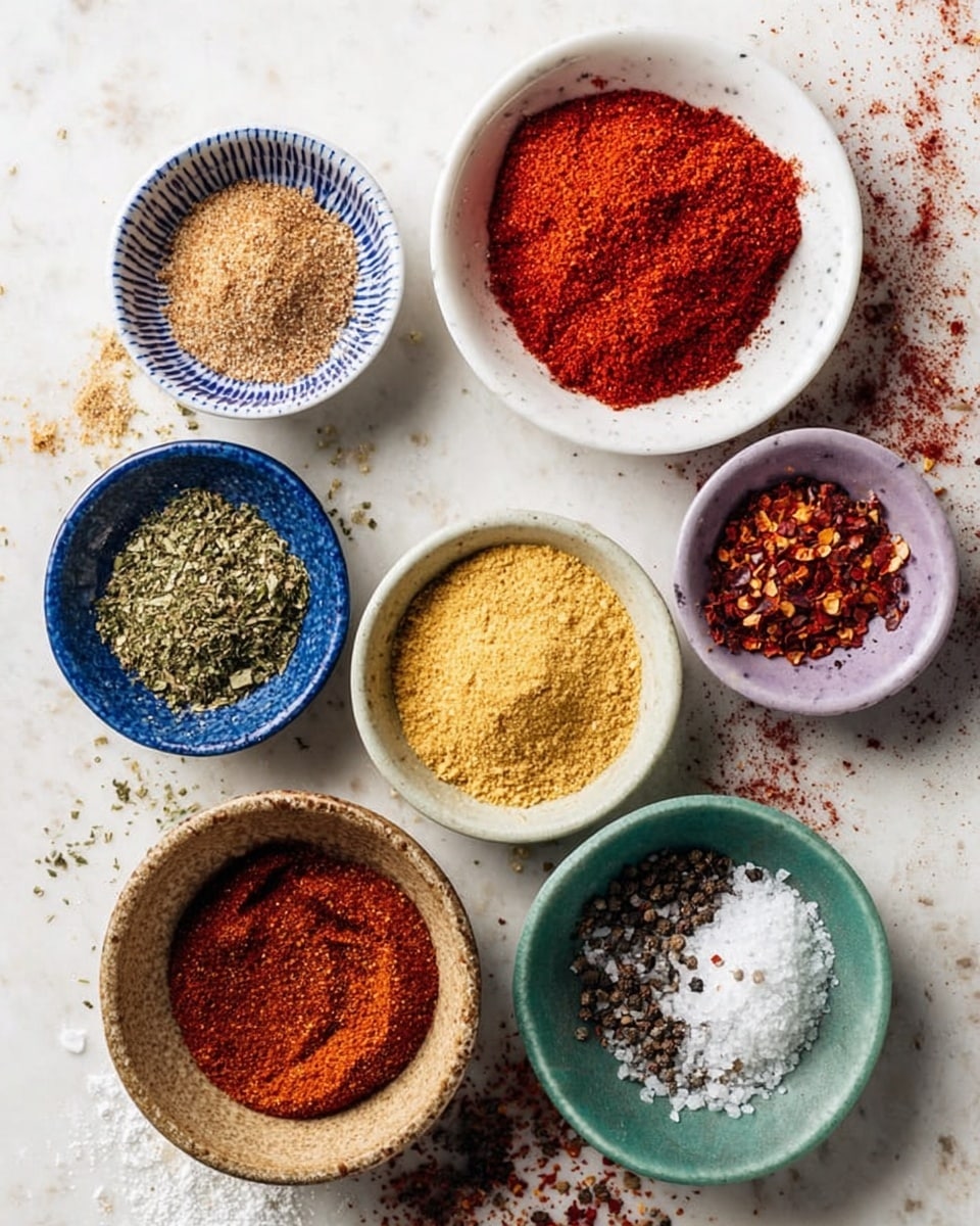 The image shows eight small bowls arranged on a white marbled surface, each filled with different colorful spices. Starting from the top center, there is a white bowl filled with bright red paprika powder, slightly piled in the middle. To its left is a blue and white bowl with a light brown spice, somewhat crumbly in texture. Below that, a small blue bowl holds a coarse green herb mix. To the right of the green herb bowl, a smaller pale purple bowl contains a light yellow powdery spice. Below the paprika bowl, in the center, is a rustic light brown bowl filled with a reddish-brown spice, piled with some swirled texture. To the right is a green bowl filled with crushed red chili flakes. At the bottom right, a white bowl holds a mix of coarse white salt and black pepper. The bowls are scattered casually over the white marbled surface with a few spice bits around them. photo taken with an iphone --ar 4:5 --v 7
