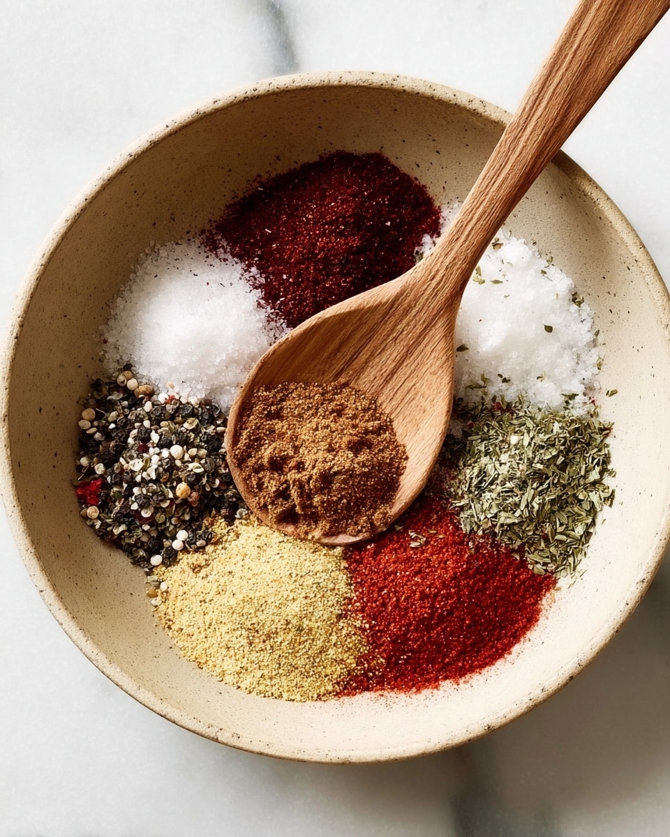 A beige bowl placed on a white marbled surface holds six different spices arranged separately in small piles forming a circle. From the top moving clockwise, the first pile is a dark red powder, followed by coarse white salt crystals, green dried herbs, cracked black pepper, bright red powder, and a pale yellow powder. A wooden spoon rests in the bowl, partially covering the brown spice at the center. Photo taken with an iphone --ar 4:5 --v 7