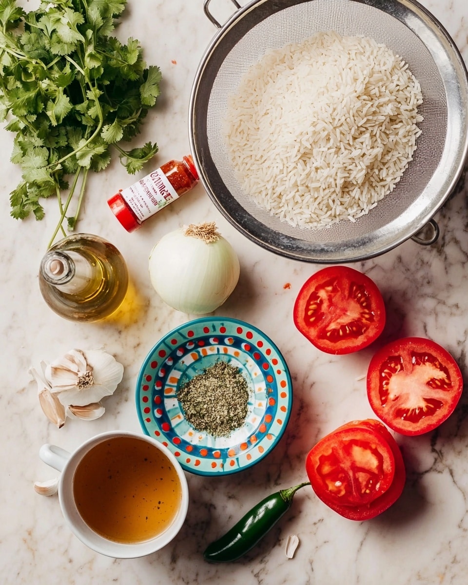 The image shows a white colander filled with raw white rice at the top right. To the right of the colander, there is a white onion cut in half, and around it are six tomato wedges, arranged in a semi-circle on a white marbled surface. Below the colander, a small stacked set of two bowls is placed—the bottom bowl has a colorful pattern with green, orange, and blue dots, and inside it sits a smaller blue bowl filled with dried herbs on top of coarse salt. Two garlic cloves and a fresh green chili are placed beside these bowls. Near the center left, there is a small clear glass bottle filled with oil, and next to it is a small red and white tube labeled tomato paste with its red cap off. At the bottom left corner, there is a white cup filled with a golden brown liquid, likely broth, sitting on the white marbled surface. A bunch of fresh green cilantro is partly visible at the upper left corner of the image. Photo taken with an iphone --ar 4:5 --v 7