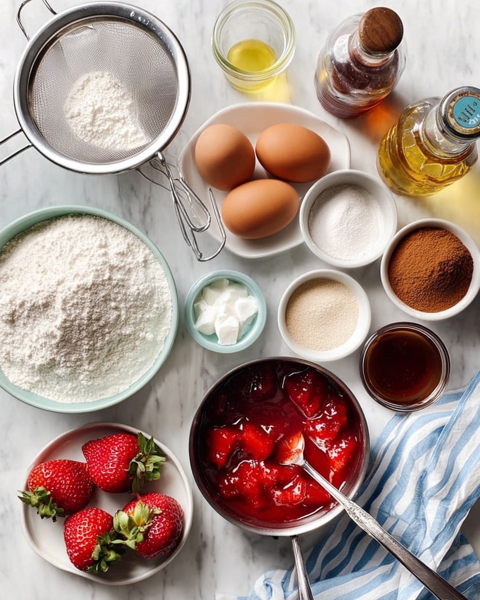 A top-down view shows a white marbled surface with an arrangement of baking ingredients: a metal strainer filled with flour on the lower left, next to three red strawberries with green tops; a saucepan at the bottom center filled with a red strawberry sauce and chunks, with a silver spoon inside; above it, a white bowl with two brown eggs placed side by side; a small bottle of milk behind the eggs; nearby, a glass bottle with golden oil; three small white bowls each containing white and brown powders, arranged in a curve to the right of the eggs; a small glass bowl with a dark brown liquid; a bottle of maple syrup is placed near the top right corner; and a white and blue striped cloth with measuring spoons sits in the upper left corner. The photo taken with an iphone --ar 4:5 --v 7