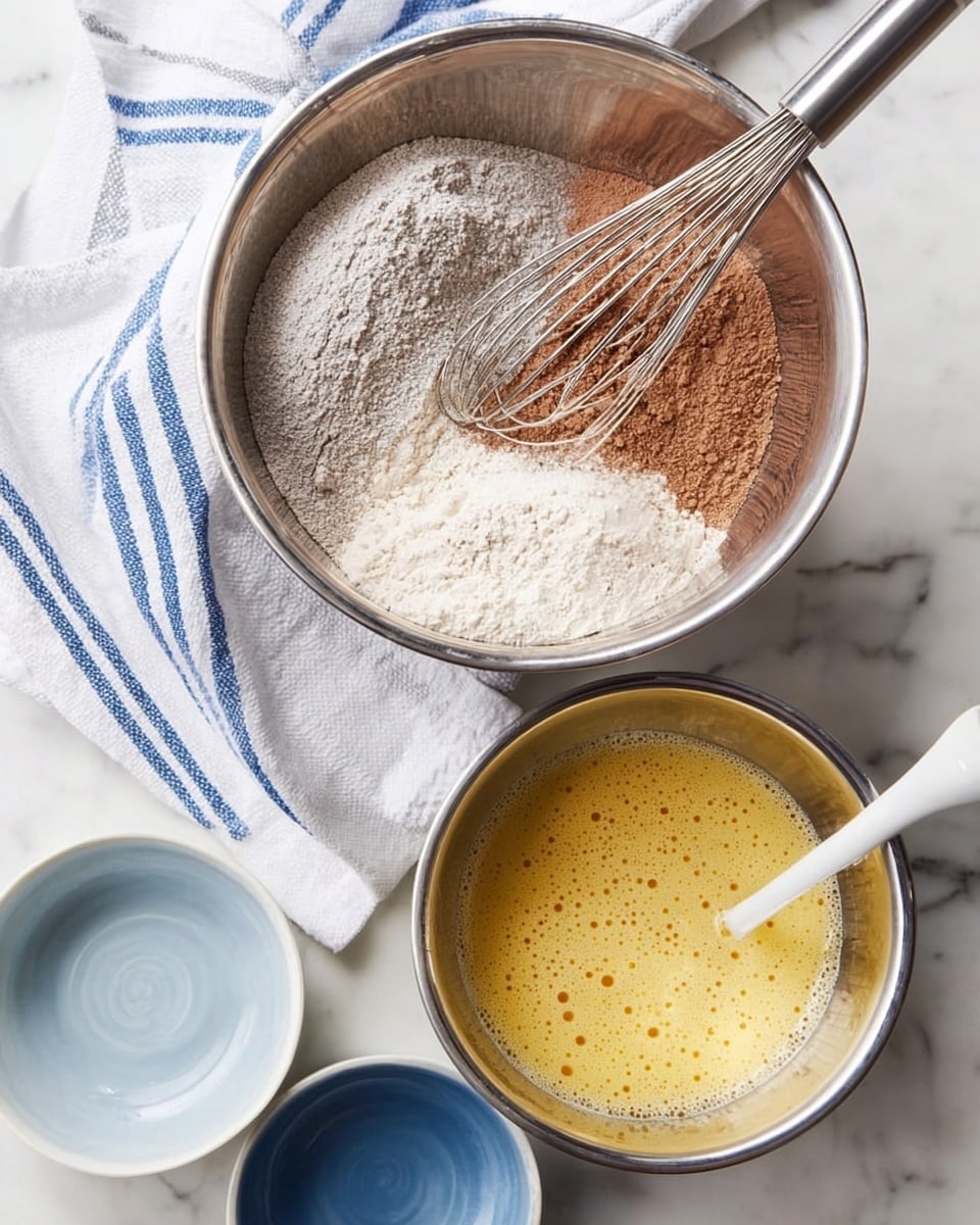 The image shows two metal mixing bowls on a white marbled surface. The top bowl holds dry ingredients with three visible piles of different powders: a large light gray pile, a smaller white pile, and a medium-sized brown pile, with a metal whisk placed inside the bowl. Below this bowl is another metal bowl containing a yellowish liquid with small bubbles on the surface, and a white spoon resting inside. To the left, there is a white cloth with blue stripes partially folded, and around the bowls are a couple of small white bowls, one light blue and one dark blue. The setup creates a clean and organized cooking scene with contrasting colors and textures. photo taken with an iphone --ar 4:5 --v 7