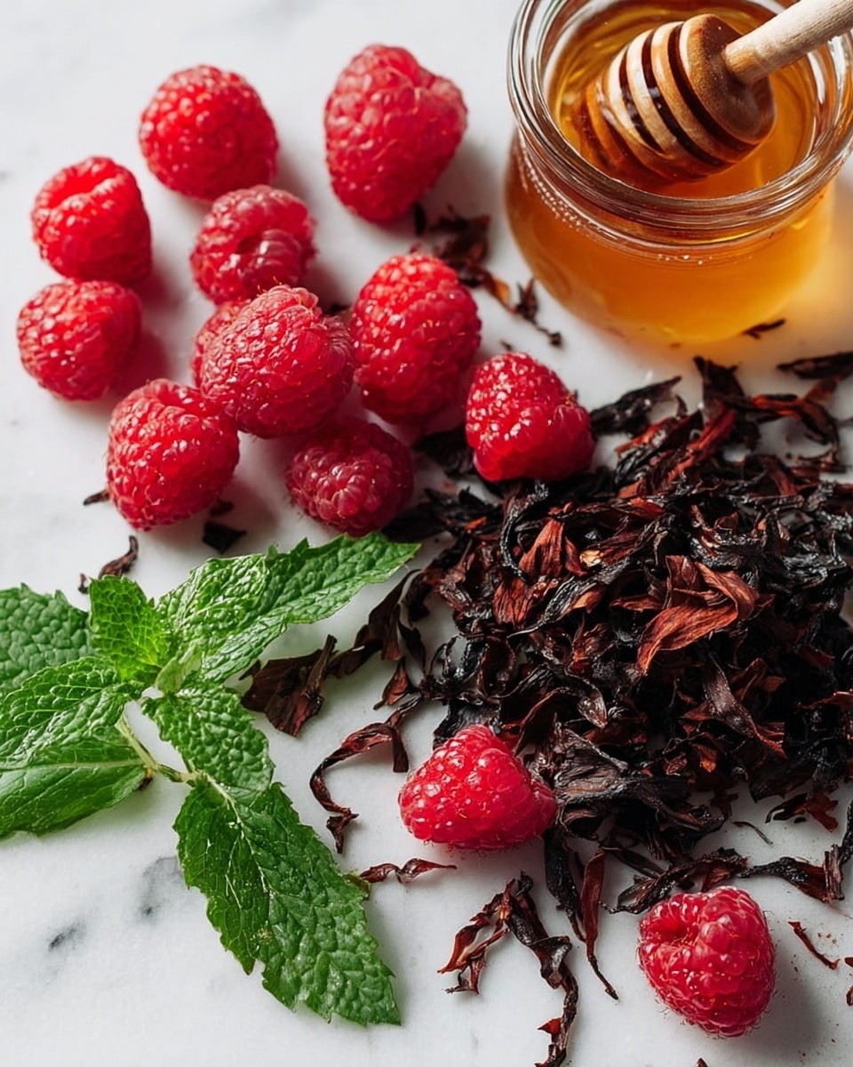 The image shows a close-up of several fresh red raspberries scattered on a white marbled surface, beside a pile of dark brown dried flower petals. There are bright green mint leaves with a textured surface positioned near the bottom left corner, adding a fresh contrast. On the upper right, there is an open small glass jar filled with golden honey and a wooden honey dipper placed inside it. The colors are vibrant with the deep red of the raspberries, the dark brown petals, the bright green mint leaves, and the warm honey tones all resting on the clean white marbled background. photo taken with an iphone --ar 4:5 --v 7