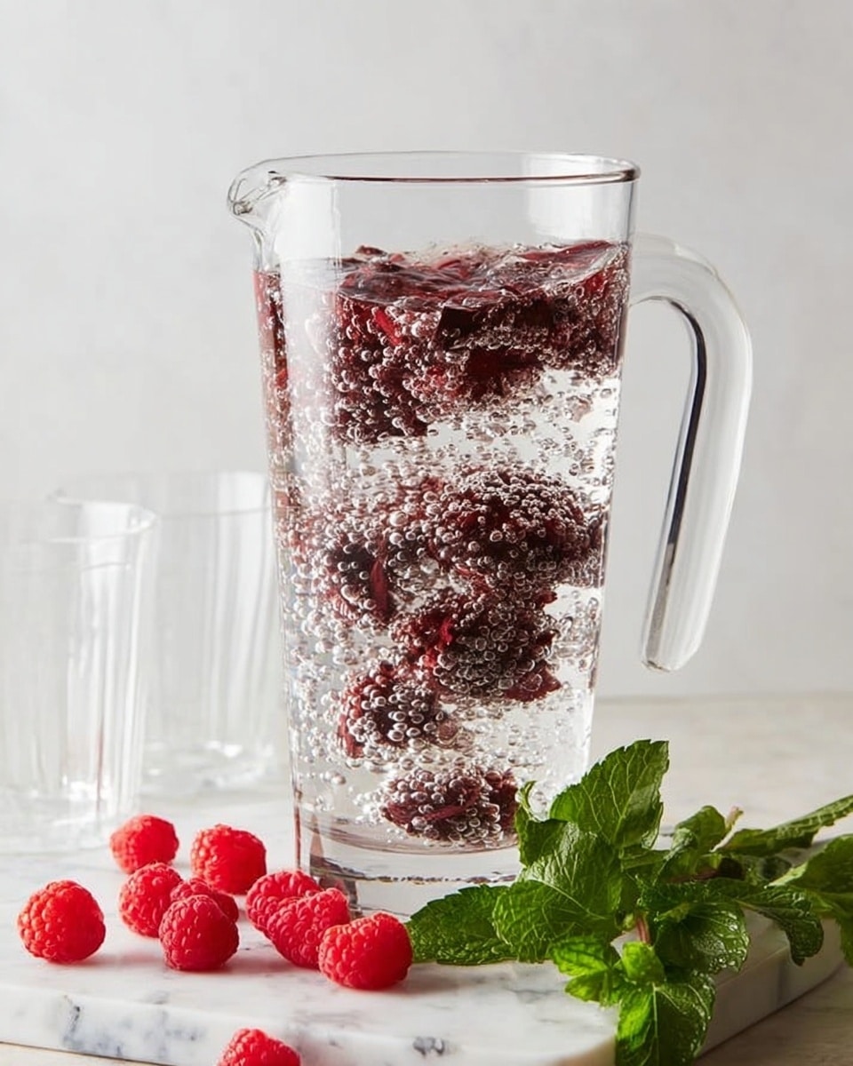 A tall, clear glass jug filled with sparkling water that bubbles around dark red hibiscus petals inside, creating a lively, fizzy texture. The jug's handle is on the right side, and it stands on a white marbled surface. In front of the jug, there are bright red raspberries scattered on the surface and fresh green mint leaves with visible veins lying nearby. In the background, two clear empty glasses are slightly out of focus, placed against a plain white wall. photo taken with an iphone --ar 4:5 --v 7