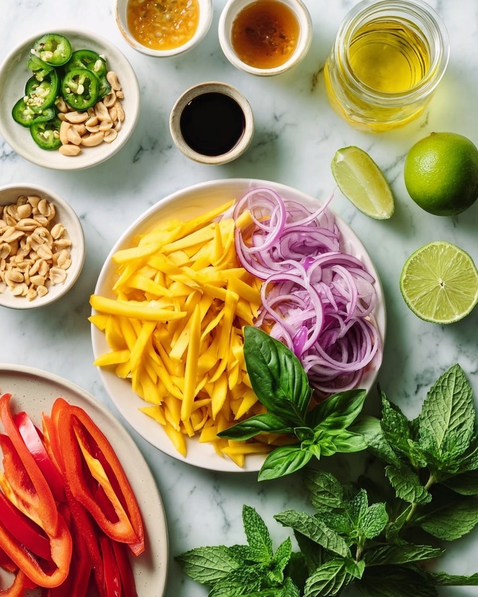 The image shows a white plate filled with thin yellow strips of mango and a pile of thin, curved purple onion slices on the right side with some fresh green basil leaves on top. Around the main plate, there are smaller white bowls with various ingredients: one with green jalapeño slices, one with peanuts and a small cup of light brown sauce, one with minced ginger, and another with a dark brown sauce. To the left, there is a white plate filled with thin red bell pepper strips. Near the top, there are two halves of lime and a glass jar with light yellow oil. Fresh green mint sprigs are placed at the bottom of the frame, all set on a white marbled surface. photo taken with an iphone --ar 4:5 --v 7