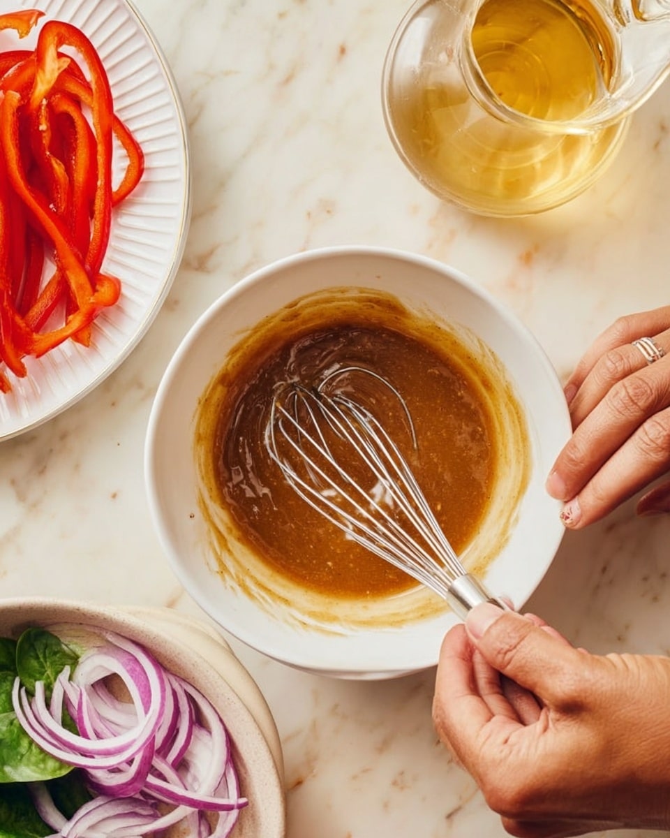 A close-up image of a white bowl with a brown sauce being mixed with a metal whisk held by a woman's hand and another woman's hand steadying the bowl. Around the bowl, there is a glass pitcher of light golden liquid and a white plate with sliced red onions and green leaves. To the left, there is a white plate with sliced red bell peppers on a white marbled surface. The textures show smooth sauce with slight streaks from whisking, shiny metal, and fresh, crisp vegetables. Photo taken with an iphone --ar 4:5 --v 7