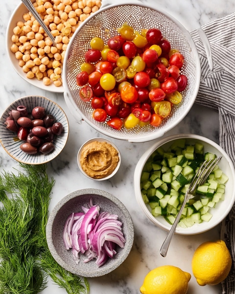 The image shows a white colander filled with small red and yellow cherry tomatoes on a white marbled surface, next to a white bowl with chopped green cucumber and tomato pieces. Below the colander, there is a small stone bowl with thin slices of red onion and a silver fork resting inside. To the left, a large white bowl is filled with round, light beige chickpeas with a silver spoon inside. Above the onion, there is a small bowl containing sliced black olives. Between the chickpeas and the olives, a small bowl of thick mustard is placed. Fresh green dill is spread near the bottom left corner, and a whole lemon is set near the bottom right on the white marbled surface. A striped cloth is partially visible on the upper right. photo taken with an iphone --ar 4:5 --v 7