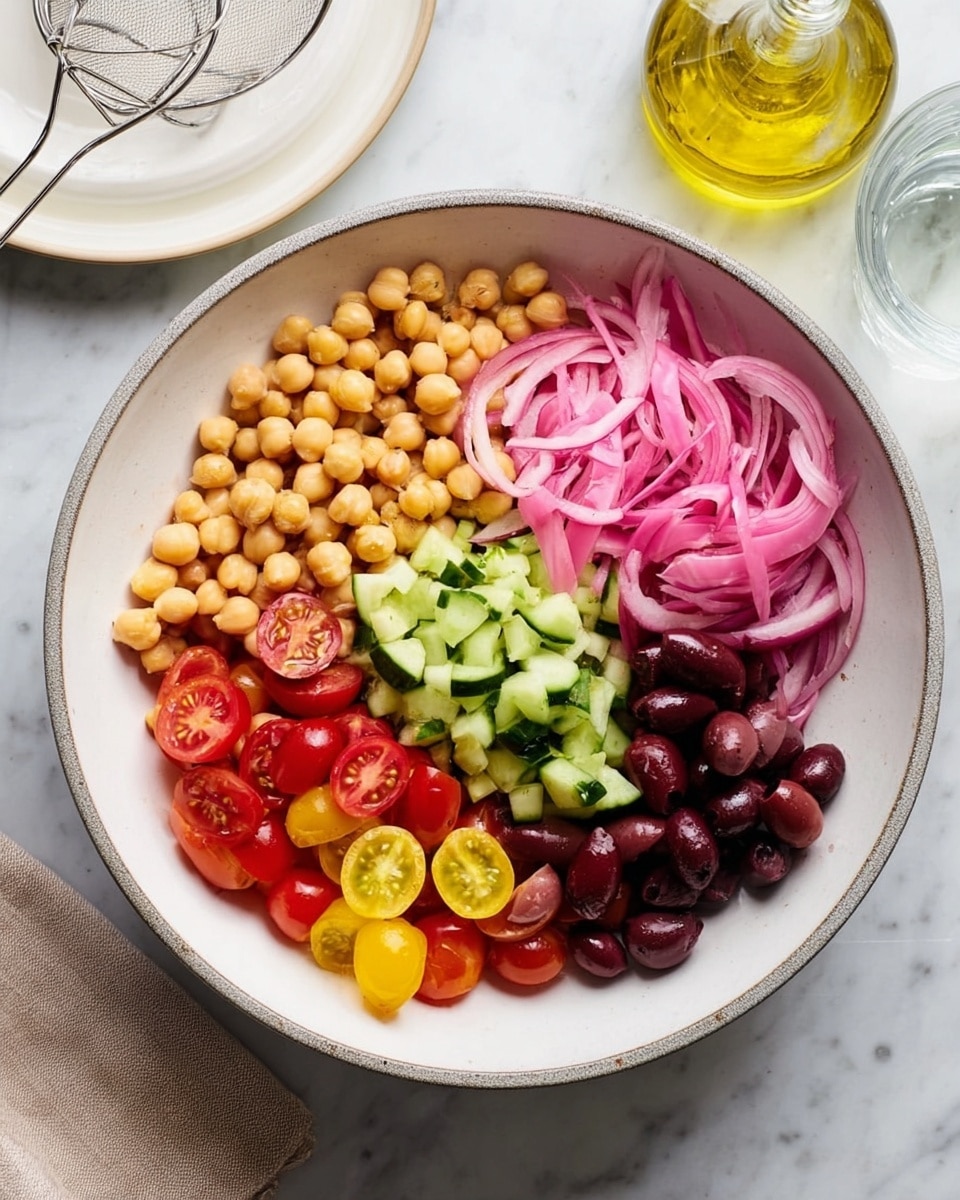 A large white bowl with a thin gray rim holds five separate piles of ingredients on a white marbled surface. Starting from the left, there is a pile of beige chickpeas, next to it thinly sliced bright pink pickled onions, then a mound of small, chopped green cucumbers. Below the cucumbers is a mix of halved cherry tomatoes in red and yellow colors, and at the bottom right are dark purple Kalamata olives, cut in half. In the background, there is a clear glass of water, a clear bottle of olive oil, and a white plate with a whisk next to it. Photo taken with an iphone --ar 4:5 --v 7