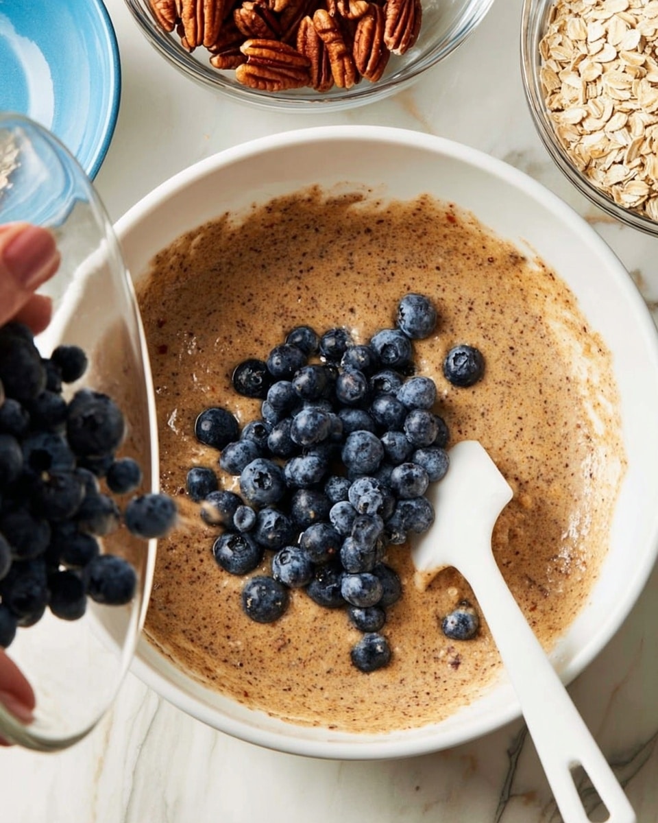 A white bowl filled with a thick, light brown batter mixed with fine specks, with fresh dark blue blueberries being poured gently into the batter from a glass bowl held by a woman's hand on the left side; a white spatula with a clear handle rests inside the batter on the right side. In the background, on a white marbled surface, there is a small metal bowl with brown pecans and a blue bowl containing light brown oats. photo taken with an iphone --ar 4:5 --v 7