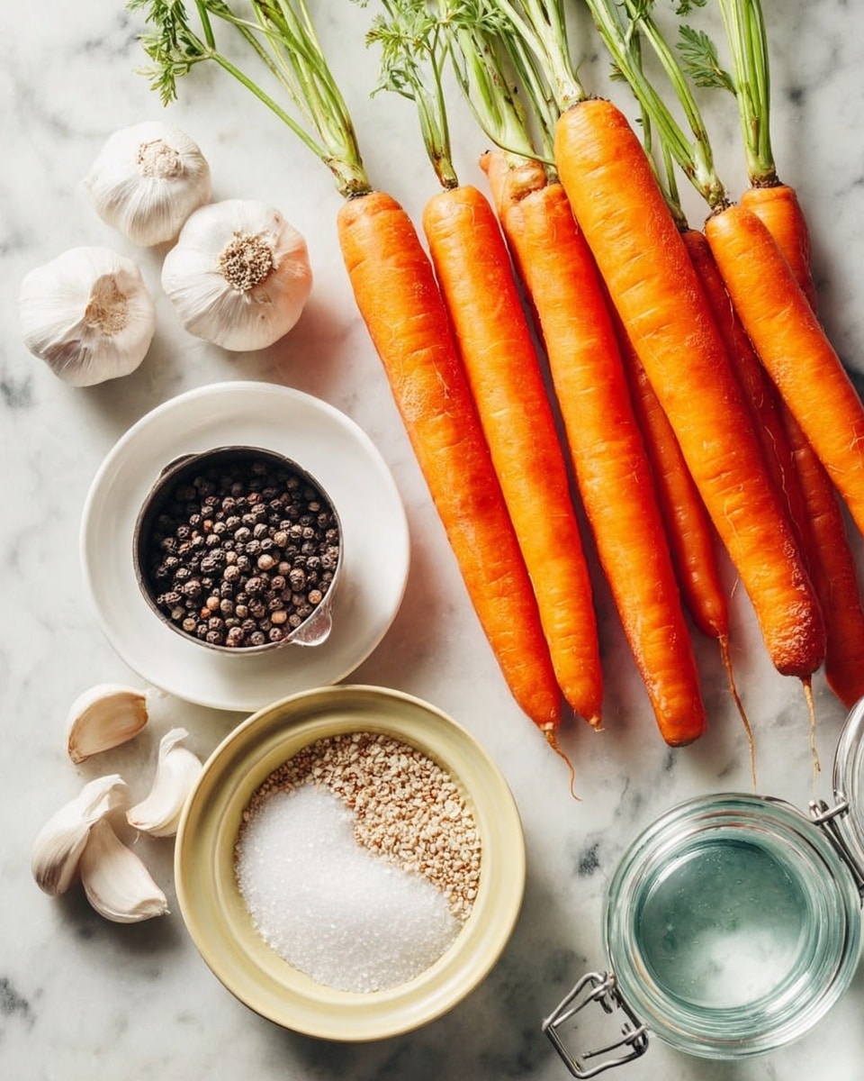 The image shows a group of fresh orange carrots with green tops arranged on the left side of a white marbled surface. Near the bottom left are several cloves of white garlic. To the right of the carrots, there is a small white bowl filled with black peppercorns sitting on a pale yellow plate that also holds coarse salt and some light brown seeds. Below the plate is a silver measuring cup filled with granulated white sugar, and a clear glass jar with a metal clasp lid is partially visible on the top right. A clear glass bottle sits at the bottom right corner of the frame. photo taken with an iphone --ar 4:5 --v 7