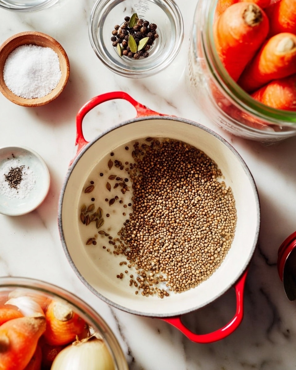A white pot with a red handle sits on a white marbled surface, containing scattered light brown coriander seeds and some smaller dark seeds. Around the pot are small bowls holding coarse salt, black peppercorns, and more coriander seeds; a glass jar filled with carrots and whole garlic cloves is also partly visible at the bottom. The setup looks like the start of a pickling or spice preparation. photo taken with an iphone --ar 4:5 --v 7
