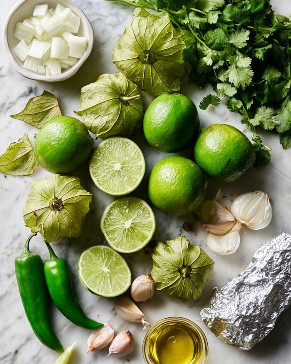 The image shows a group of green tomatillos with papery husks, some partially peeled, scattered on a white marbled surface. There are also several whole and halved fresh limes with bright green, juicy interiors, two green chili peppers, a small bunch of fresh cilantro with leafy green tops, and a few peeled and unpeeled garlic cloves near an opened garlic bulb wrapped in foil. A small glass container filled with light yellow oil sits near the bottom right. In the top left, a small white bowl holds quartered white onion pieces, adding a clean sharp contrast to the scene. The arrangement looks natural and fresh, with a variety of green shades dominating the image, and the textures ranging from smooth fruit skins to leafy and papery husks. Photo taken with an iphone --ar 4:5 --v 7