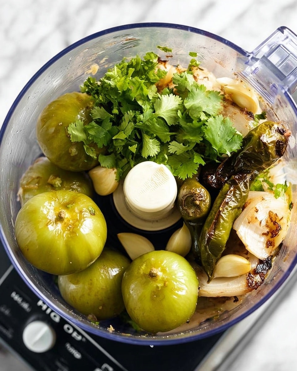 A clear food processor bowl filled with several whole green tomatillos with a smooth, shiny texture, clustered at the bottom and sides. On top, there is a layer of charred white onion pieces with slightly browned edges and green roasted chili peppers with wrinkled, darkened skins. Scattered among these are small, peeled garlic cloves with a pale yellow color and fresh bright green cilantro leaves adding a leafy texture and vibrant color near the top. The food processor sits on a black base with a visible dial set to