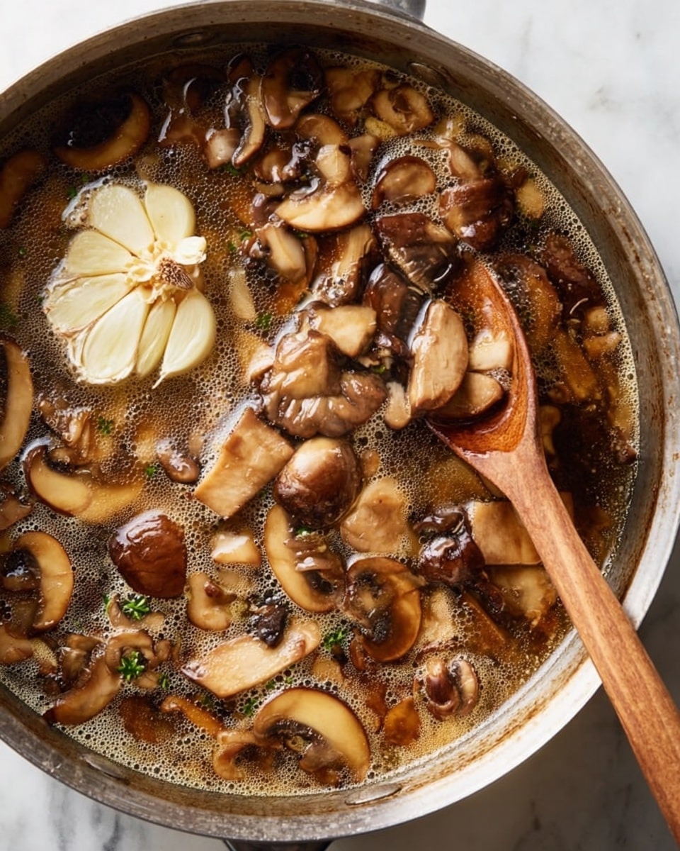 The image shows a close-up of a frying pan filled with a mix of various brown and beige mushrooms simmering in broth with bubbles on the surface. A large wooden spoon is resting inside the pan, partly submerged and angled from the bottom right towards the center. On the left side of the pan, there is a whole head of garlic floating among the mushrooms. The pan is placed on a smooth white marbled surface. photo taken with an iphone --ar 4:5 --v 7