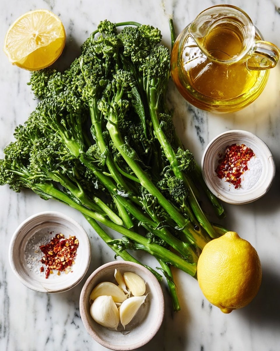 A bunch of fresh green broccolini lies spread across a white marbled surface, surrounded by small white bowls filled with peeled garlic cloves, coarse salt, and red chili flakes. A whole lemon and a small glass carafe of golden oil sit nearby, while a clear glass lemon squeezer holds half a lemon. The colors are bright and natural, with the green broccolini standing out against the white marble and white bowls. photo taken with an iphone --ar 4:5 --v 7