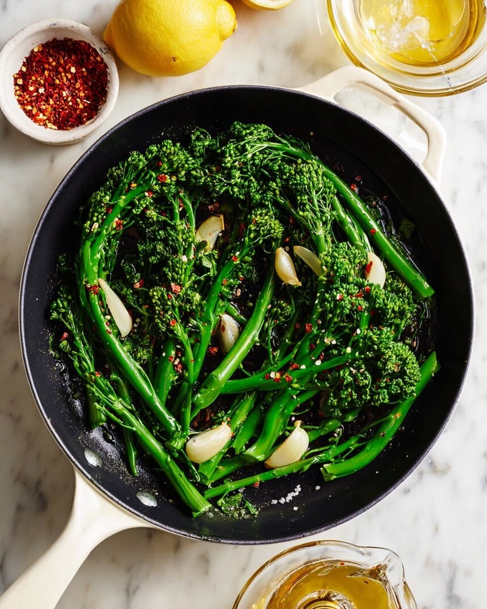 A black frying pan with a white handle sits on a white marbled surface, filled with bright green broccolini and several thin slices of light yellow garlic. The broccolini stems are long and slightly curved, with small florets clustered at the top, sprinkled lightly with red chili flakes and coarse salt. Around the pan, there is a small white bowl filled with crushed red pepper, a glass container of golden olive oil, and a halved lemon placed on a clear glass juicer. The overall look is fresh and vibrant with a mix of smooth and textured elements, photo taken with an iphone --ar 4:5 --v 7
