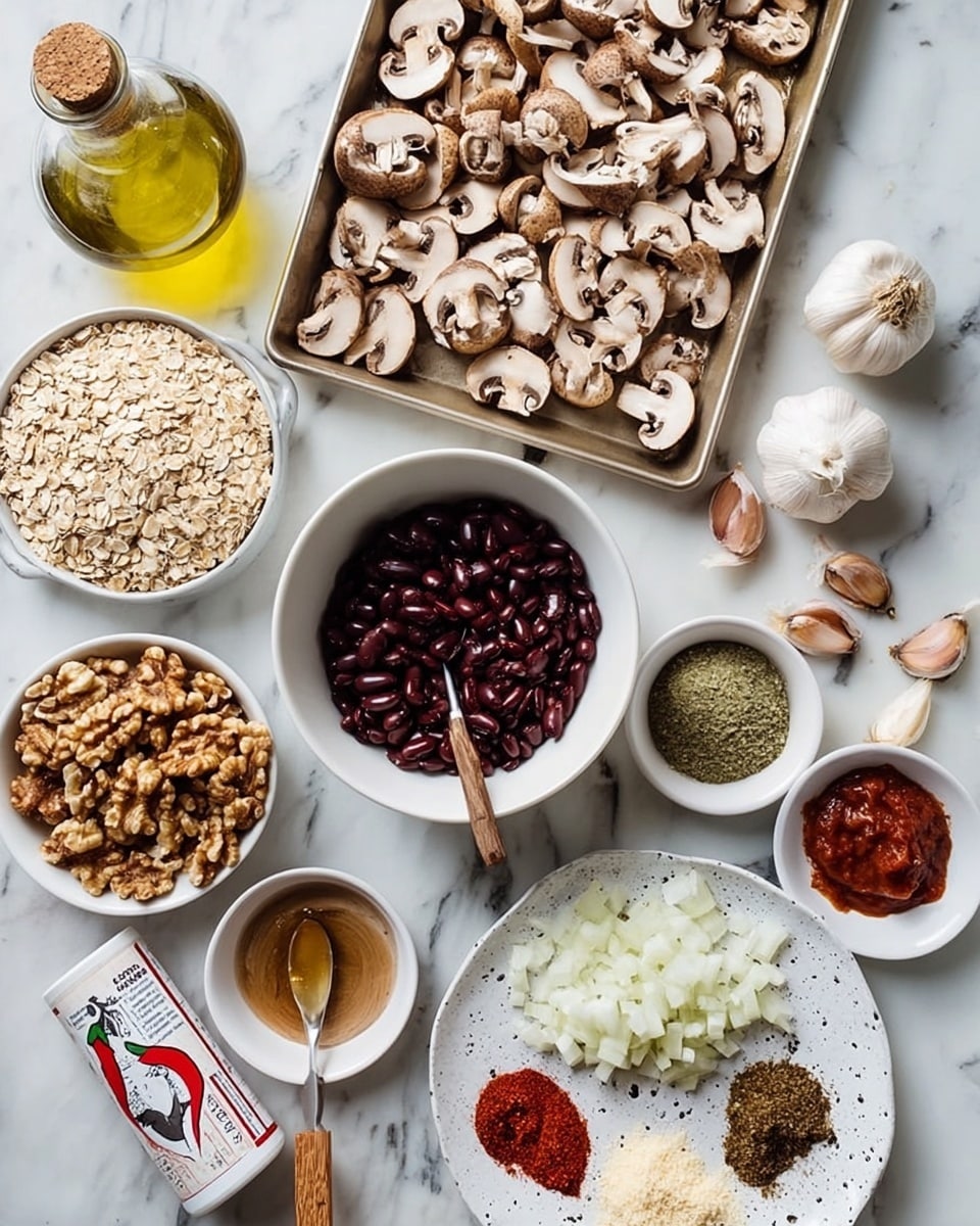 The image shows a white marble surface with various bowls and plates of cooking ingredients arranged neatly. At the top, a baking tray filled with sliced brown mushrooms is spread out evenly. Below this, there is a white bowl filled with dark red beans accompanied by a spoon with a wooden handle. To the left, a small white bowl holds dry rolled oats, and behind it is a clear bottle of golden olive oil with a cork stopper. On the right, a white speckled plate contains several colorful spices arranged in small piles including red, green, and brown powders. Near the center, a round white plate holds whole shelled walnuts next to a smaller bowl of a light brown powder and a mound of diced white onions. There is also a small bowl with a dark sauce, a bowl of beige powder, a tube of red tomato paste with a chili drawing, and a bulb of garlic placed on the marble surface. photo taken with an iphone --ar 4:5 --v 7