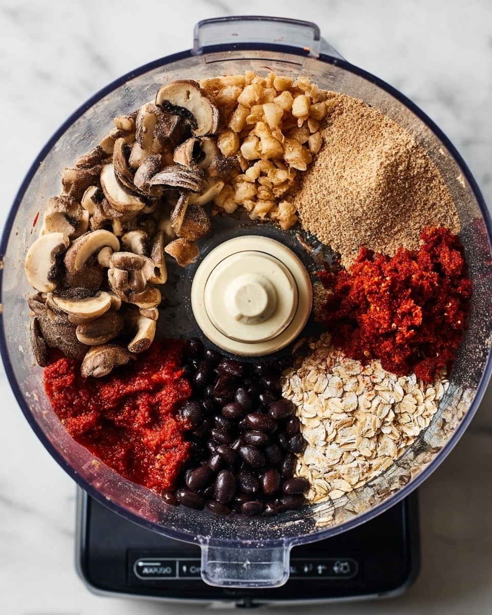 A clear round food processor bowl shows seven separate ingredients arranged in sections around the center blade. Starting at the top and moving clockwise are light brown small chopped pieces, a finely ground brown powder, pale beige rolled oats, dark brown sliced mushrooms, black beans, a bright red thick paste, and another section of black beans. The bowl sits on a black base with visible control buttons, all set on a white marbled surface. The photo taken with an iphone --ar 4:5 --v 7