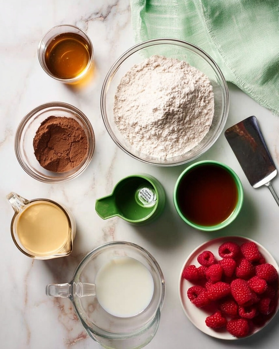 The image shows a white marbled surface with several glass bowls and containers holding dry and liquid ingredients. There are two clear glass bowls, one with a white powdery mixture and the other with a more brownish flour mixture that has a green measuring cup inside. A small bowl with dark brown powder is near the center. Other small glass pitchers hold light golden and cream-colored liquids. A green bowl has a thick, amber-colored liquid. A clear glass measuring cup contains a white liquid, placed near the bottom. To the right, a white plate holds bright red raspberries. A metal spatula with a green handle rests near the measuring cup. A light green cloth is partially visible at the top. Photo taken with an iphone --ar 4:5 --v 7