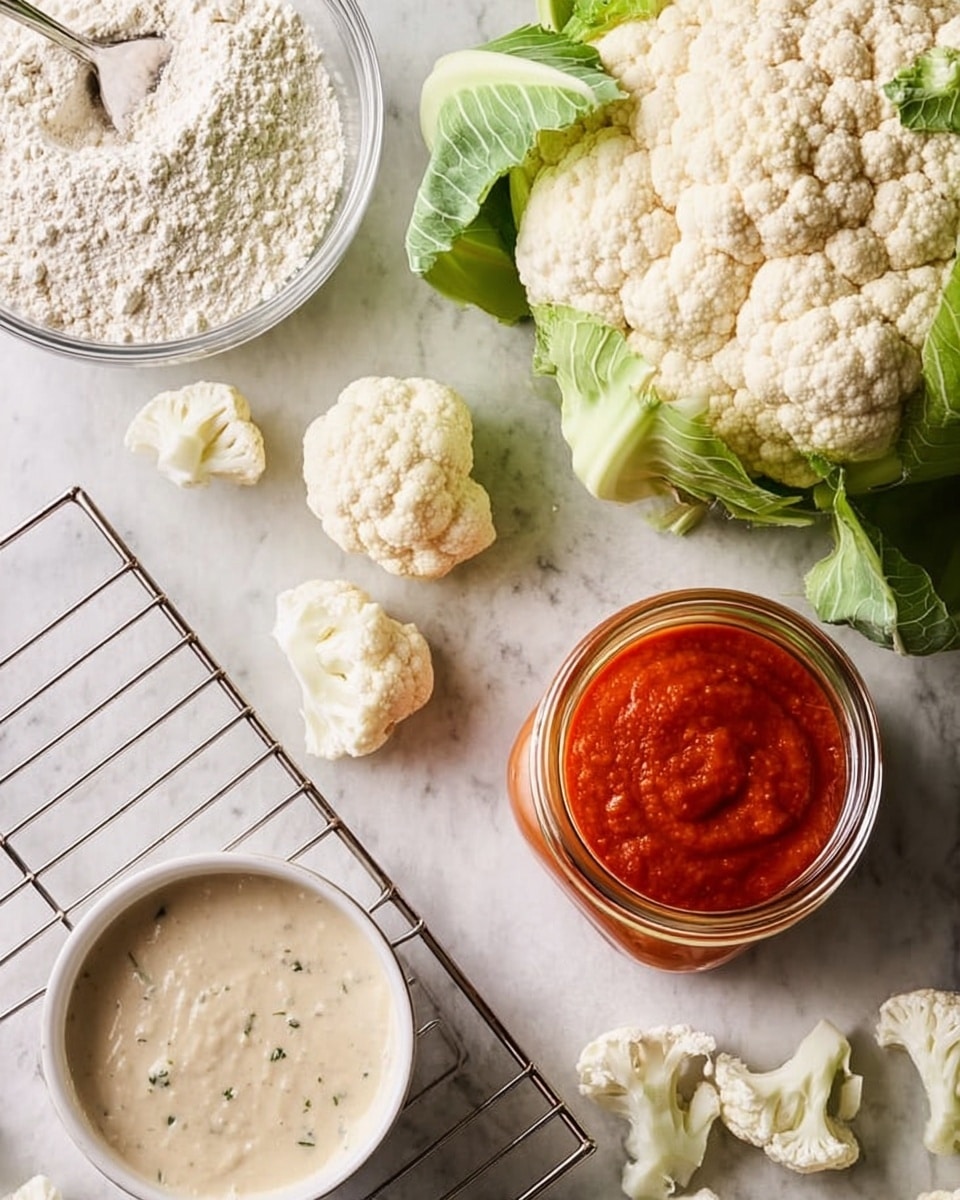 The image shows a white marbled surface with several parts of a white cauliflower scattered around and a whole cauliflower with green leaves on the side. A glass bowl filled with white flour is positioned near the top, next to a jar of bright red sauce with a smooth texture. There is also a white bowl with a thick creamy beige sauce speckled with herbs in the bottom left corner. A piece of metal wire rack is placed along the left edge of the image. The overall scene captures the fresh ingredients laid out clearly for a cooking process. Photo taken with an iphone --ar 4:5 --v 7