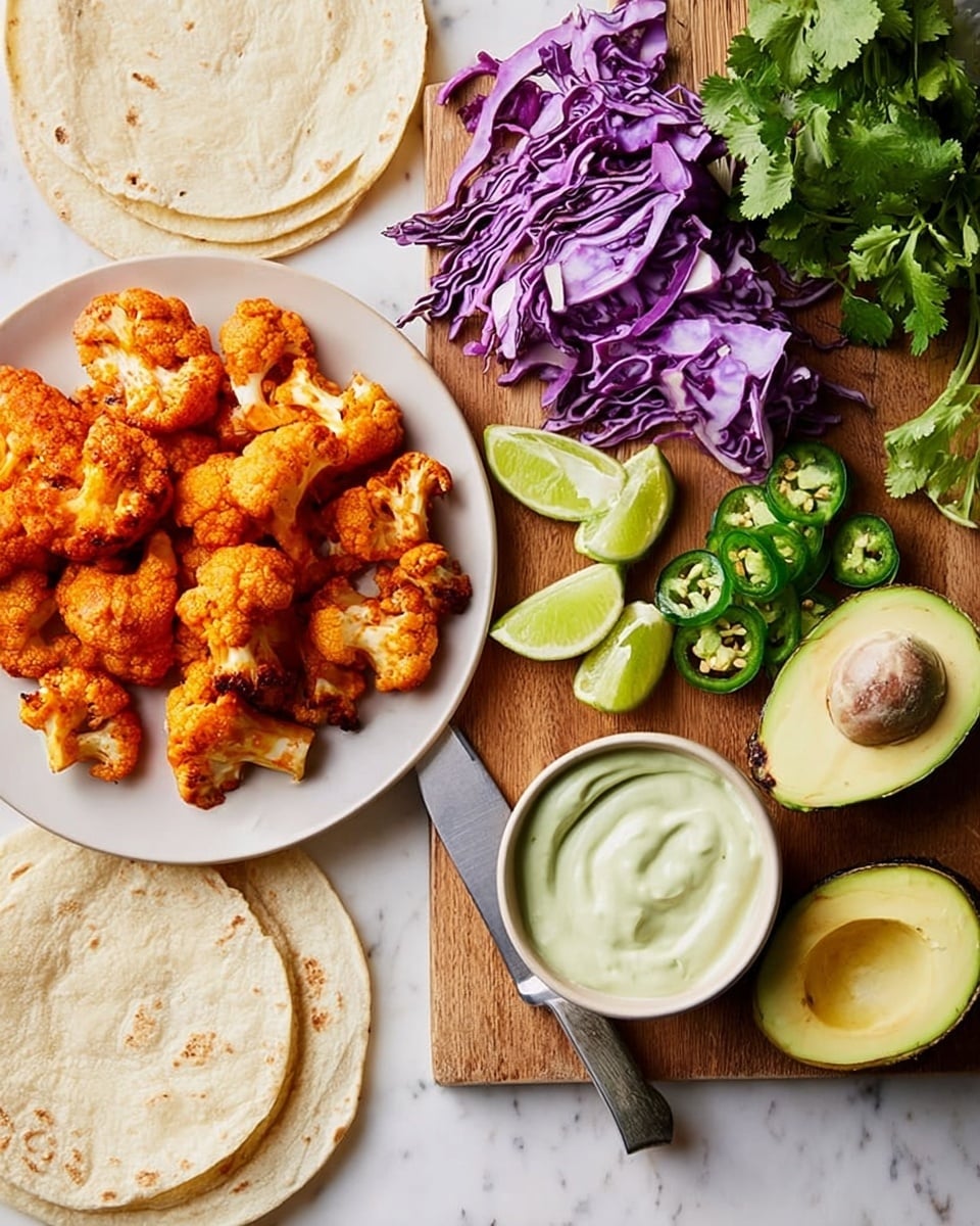 The image shows a white plate full of bright orange cauliflower pieces with a crispy texture, positioned on the bottom left. Above the plate, there are three round flat white tortillas slightly overlapping each other. To the right, a light wooden board holds several food items: bright green cilantro leaves at the top, three lime wedges near the middle, thin long slices of purple cabbage stacked on the upper right, rounds of green jalapeño slices clustered near the center, a halved avocado with pale green flesh and one with the brown seed at the bottom. There is a small white bowl filled with creamy light green sauce placed on the lower right side of the board. A knife with a silver blade and dark handle lies diagonally across the board near the limes. All items rest on a white marbled surface. photo taken with an iphone --ar 4:5 --v 7