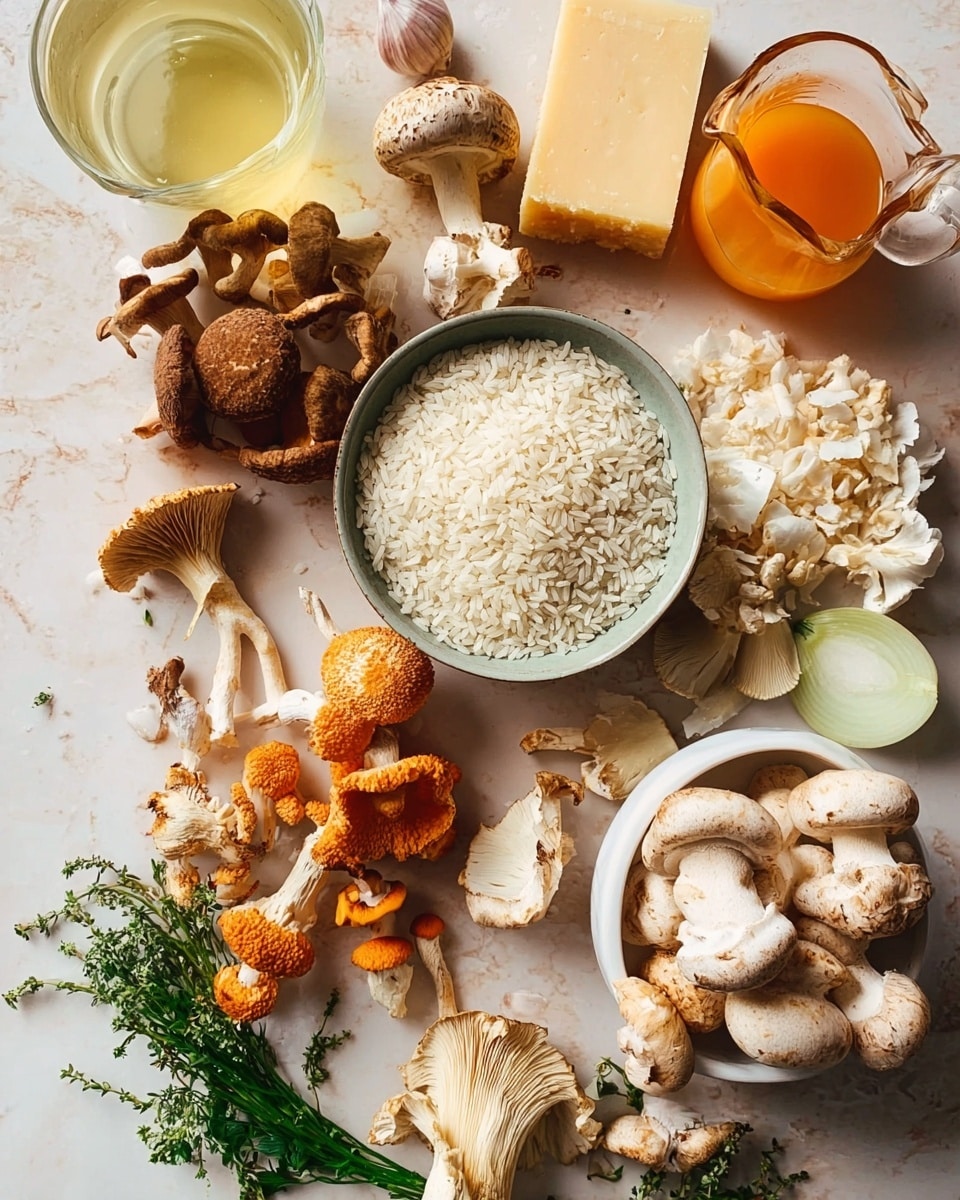 The image shows many ingredients spread out on a white marbled surface, including a bowl filled with white rice grains in the top center. Around the bowl, there are different kinds of mushrooms in brown, orange, white, and beige colors with varied shapes and textures, some clustered in a white bowl on the lower right. To the right of the rice bowl is a glass pitcher with an orange liquid, and a wedge of cheese with a hard texture. On the left side, there is a clear glass container with a yellow liquid and a few sprigs of green herbs near a thick white slice of onion and a clove of garlic. The overall arrangement is natural and colorful, showing raw ingredients against the white marbled surface. photo taken with an iphone --ar 4:5 --v 7