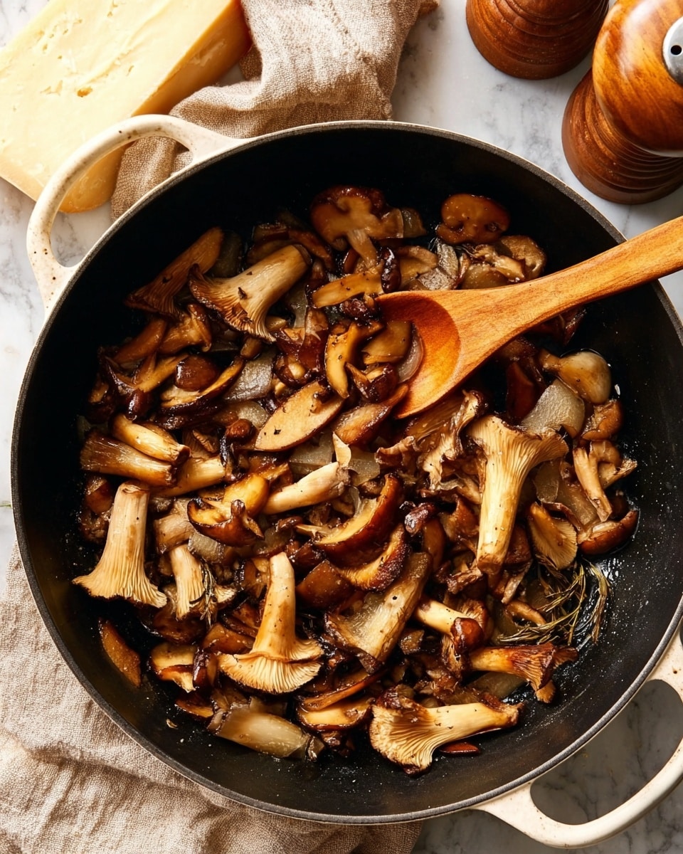 A black pan with white handles is filled with a mix of cooked mushrooms in different shapes and shades of brown, from light tan to deep chestnut. The mushrooms appear soft and slightly glossy from cooking, with a wooden spoon resting in the pan, partly covered by the mushrooms. The pan sits on a white marbled surface, and in the background, a wedge of cheese and a pepper grinder are visible. The scene is warmly lit, highlighting the textures of the mushrooms and the smooth surface of the pan. photo taken with an iphone --ar 4:5 --v 7