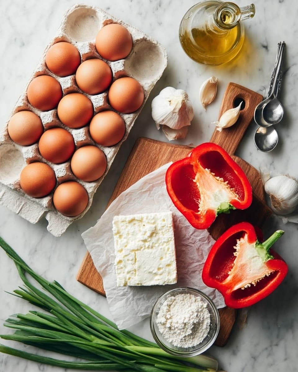 The image shows a white marbled surface with a carton of brown eggs on the left side, containing about fifteen eggs arranged in rows. Near the top, there is a clear glass bottle filled with golden olive oil, along with two garlic cloves beside it. On the right, a wooden cutting board holds a whole bright red bell pepper and two halves of another red bell pepper showing the inside texture and seeds. Below the cutting board, a block of white cheese is placed on a piece of white parchment paper with a small glass bowl of white flour next to it. At the bottom of the image are fresh green onions spread across the surface, and some silver measuring spoons are partly visible next to the cutting board. Photo taken with an iphone --ar 4:5 --v 7