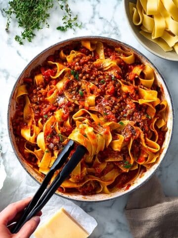 Hearty Lentil Pappardelle with Tomato and Mushroom Sauce Recipe