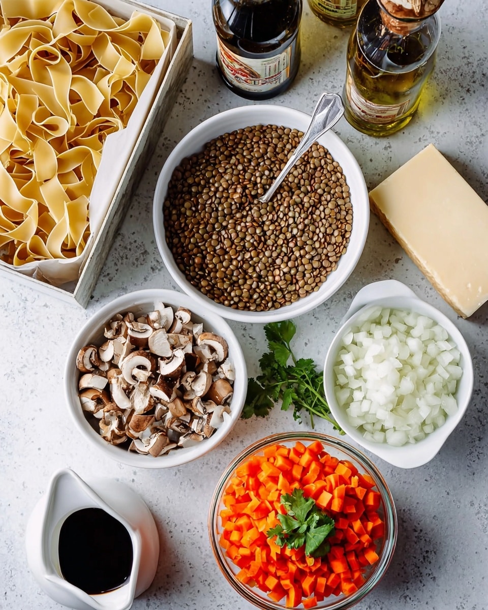 The image shows an overhead view of various cooking ingredients arranged neatly on a white marbled surface. There is a white bowl filled with brown lentils with a spoon resting inside, positioned near the center. To the right, a small white bowl holds diced white onions. Below that, another white bowl is full of finely chopped brown mushrooms. Below the lentils, a glass jar is filled with bright orange diced carrots, topped with a sprig of green cilantro. To the left, an open white box contains uncooked wide pasta ribbons. At the top of the image, a bottle of dark soy sauce and a bottle of olive oil stand close to a block of hard pale-yellow cheese on white parchment. There is also a small white pitcher filled with black liquid, likely balsamic vinegar. The white marbled surface and neat arrangement create a clean cooking scene photo taken with an iphone --ar 4:5 --v 7
