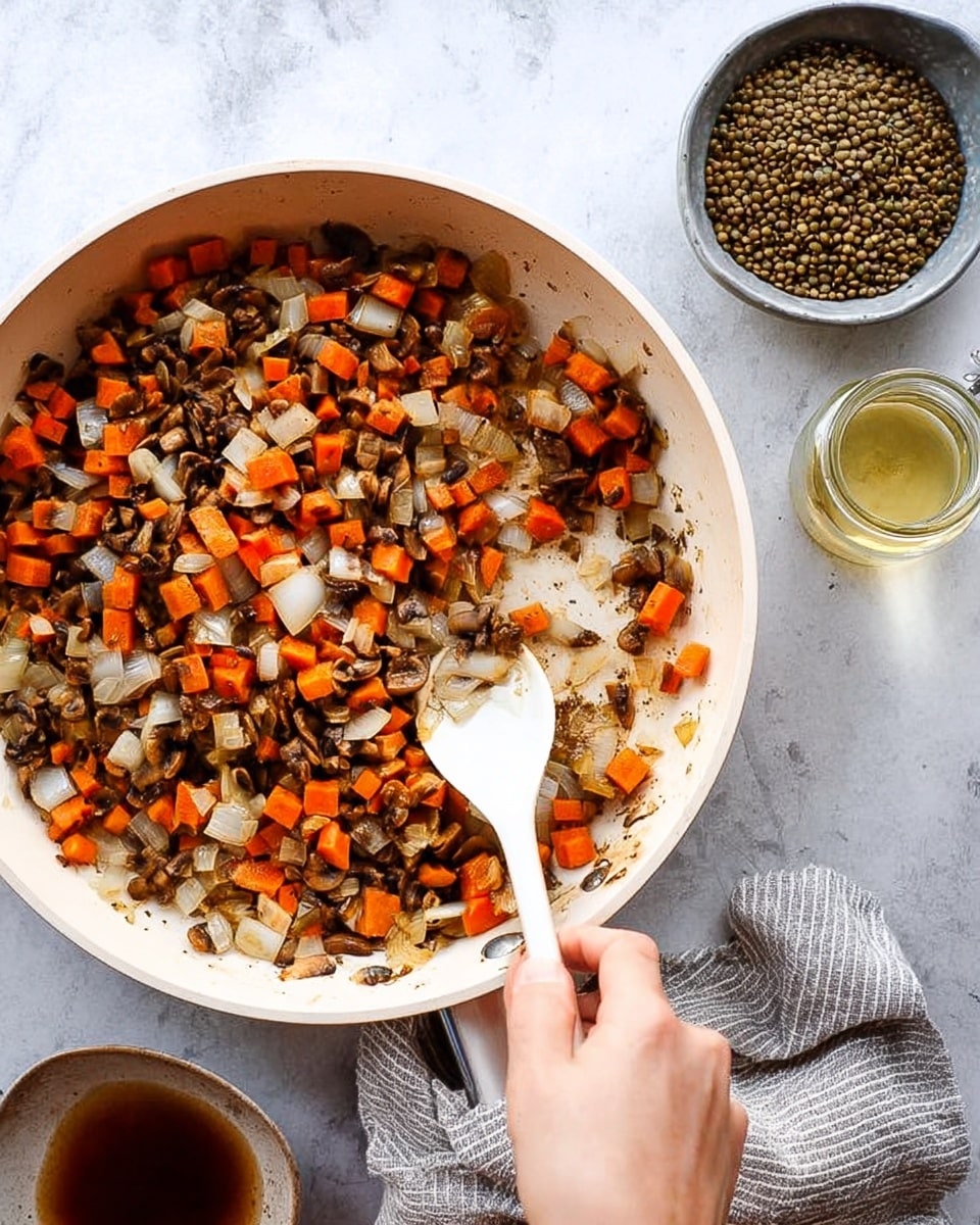A white pan filled with a cooked mix of small diced orange carrots, brown mushrooms, and pale translucent onions, lightly browned and stirred with a white spoon held by a woman's hand. Below the pan is a white marbled surface with a small gray bowl filled with greenish-brown lentils and a small clear glass jar with a light yellow liquid. A folded gray and white cloth is near the pan handle, and there is a small white dish with dark brown liquid partially visible at the bottom left. The colors are warm and earthy, showing a fresh and healthy sautéed vegetable mix. Photo taken with an iphone --ar 4:5 --v 7