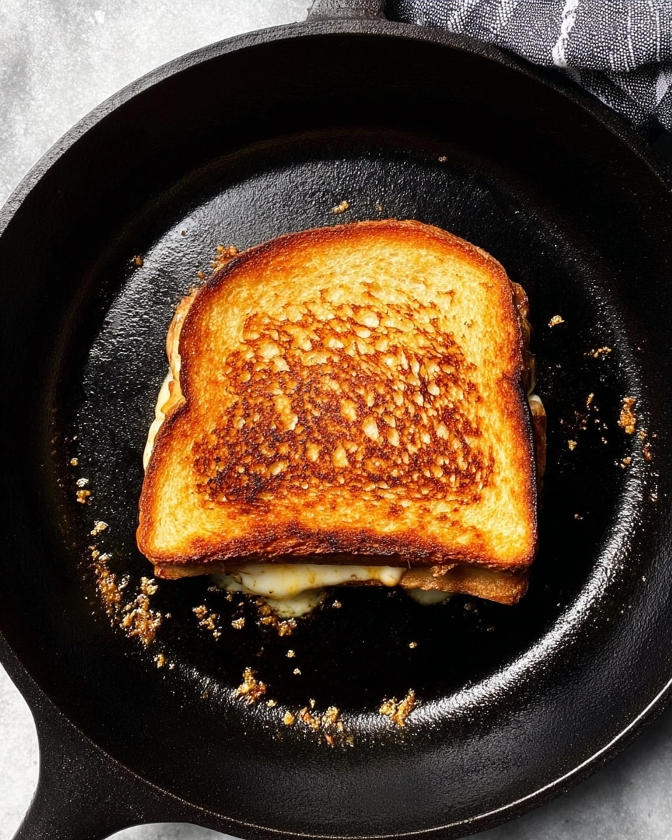 A golden brown grilled sandwich sits in the center of a black cast iron pan, showing a slightly uneven toasting pattern with some darker browned spots and a crispy texture. The sandwich is thick, with melted cheese layers visible oozing out from the edges, adding a glossy sheen near the bottom. The pan has small bits of toasted crumbs and shiny butter spots scattered around the sandwich. The background is textured like white marble, and part of a gray striped cloth is partially visible near the pan handle. photo taken with an iphone --ar 4:5 --v 7