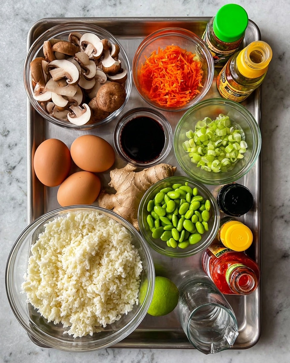 The image shows a metal tray with various clear glass bowls and containers filled with different ingredients arranged neatly. In the top left, a bowl contains sliced brown mushrooms with light undersides. Below it is a small bowl of finely diced bright orange carrots. Next to the carrots are two whole brown eggs placed side by side. To the right of the eggs, there is a small bowl of fresh green sliced scallions, and next to that, a bowl of green edamame beans. In the bottom center, a large bowl filled with fluffy white cauliflower rice takes up a prominent spot. Towards the left side, a fresh ginger root and a whole lime sit next to a clear measuring cup filled with a dark soy sauce. At the top right corner on the tray, there are various bottles, including a green-capped bottle of avocado oil, a tall bottle with a red sauce and green lid, a jar containing reddish kimchi, and small yellow and black cap bottles, all placed closely together. The tray itself rests on a white marbled surface. photo taken with an iphone --ar 4:5 --v 7
