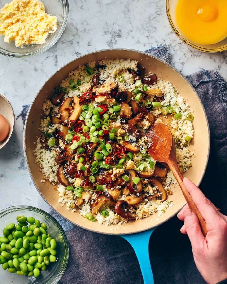 A round pan with a light beige interior and a blue handle holds a mixed dish. The base layer is white, crumbly cauliflower rice. On top, golden brown cooked mushroom slices and small pieces of red chili peppers are scattered. Bright green chopped spring onions are sprinkled over the mixture. A wooden spoon stirs the dish inside the pan, while a woman's hand holds the pan handle. Around the pan on a dark surface, there is a clear bowl with yellow beaten eggs, another clear bowl with more cauliflower rice, a small bowl with spring onion slices, and a small bowl with bright green edamame beans. The background is a white marbled texture photo taken with an iphone --ar 4:5 --v 7
