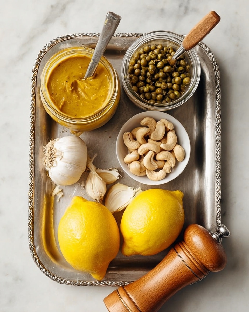 The image shows a silver metal tray holding a few ingredients on a white marbled surface. There are two bright yellow lemons placed side by side near the bottom left corner of the tray. Next to them is a bulb of white garlic with some cloves slightly peeled. To the right, a small white bowl filled with light brown cashew nuts sits near the center. At the top of the tray, there is a glass jar filled with small green capers with a metal spoon inside. On the left side of the tray, an open jar of thick yellow mustard with a wooden spatula inside is placed. A wooden pepper grinder is partially visible on the right side on the white marbled surface. Photo taken with an iphone --ar 4:5 --v 7