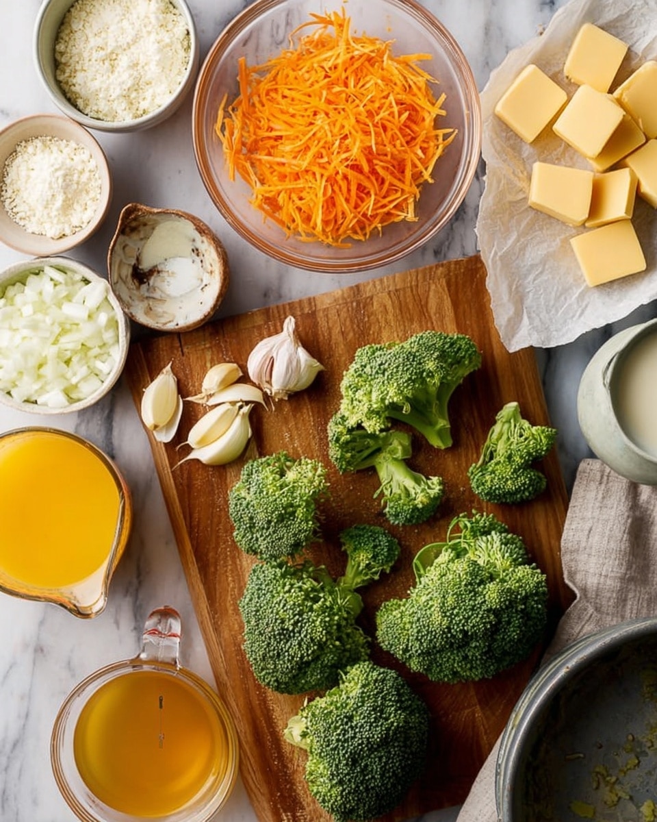 The image shows a wooden cutting board covered with several green broccoli florets of different sizes in the center and right side. To the upper middle, there is a clear glass bowl filled with thin, bright orange carrot strips. To the left of the cutting board, there are three garlic cloves placed on the surface. Around the cutting board, on a white marbled texture surface, there are small bowls holding white chopped onions and white flour, a clear glass measuring cup filled with orange liquid, a small jar of yellow mustard, a block of yellow cheese with some shredded cheese on a white plate, and cubes of pale yellow butter on parchment paper. The top right corner includes a metal pan and a glass jug with a white liquid inside. photo taken with an iphone --ar 4:5 --v 7