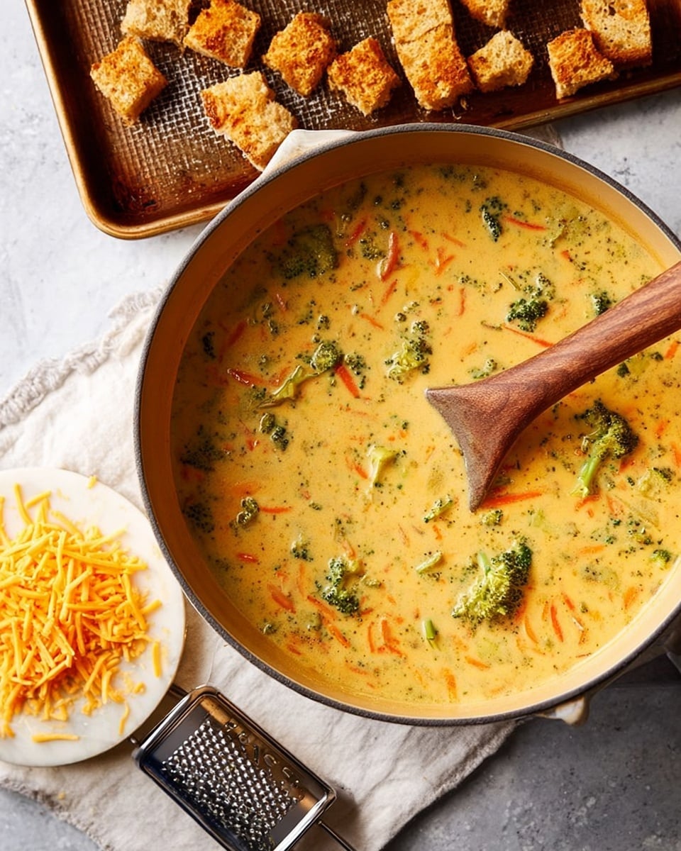 The image shows a large pot filled with creamy, light orange soup that has visible pieces of green broccoli and thin orange carrot strips evenly mixed throughout. A wooden spoon is partially dipped into the soup, resting on the side of the pot. Above the pot, there is a baking tray with broken toasted bread pieces scattered on it. Below the pot, there is a small white round wooden board with hand-shredded bright orange cheese and a metal cheese grater beside it. The scene is set on a white marbled surface. photo taken with an iphone --ar 4:5 --v 7