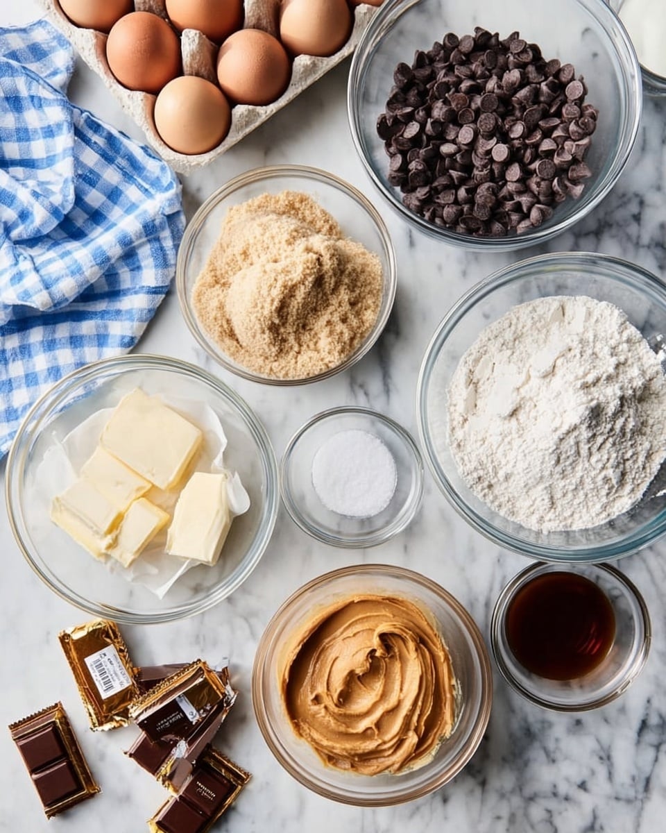 A top-down view of several clear glass bowls and containers filled with ingredients on a white marbled surface. There are three large glass bowls: one with dark brown chocolate drops, one with light brown sugar and white sugar mixed together, and one with white flour. A small glass bowl contains light brown peanut butter with a smooth texture, placed next to cream-colored butter partially wrapped in paper. Another small clear bowl has white granulated sugar, and a tiny bowl holds dark vanilla extract. Two brown eggs rest in a cardboard egg tray. A small clear bowl of milk is beside a folded blue and white checkered cloth near the top left corner. Wrappers from chocolate drops are scattered next to the chocolate bowl. Photo taken with an iphone --ar 4:5 --v 7