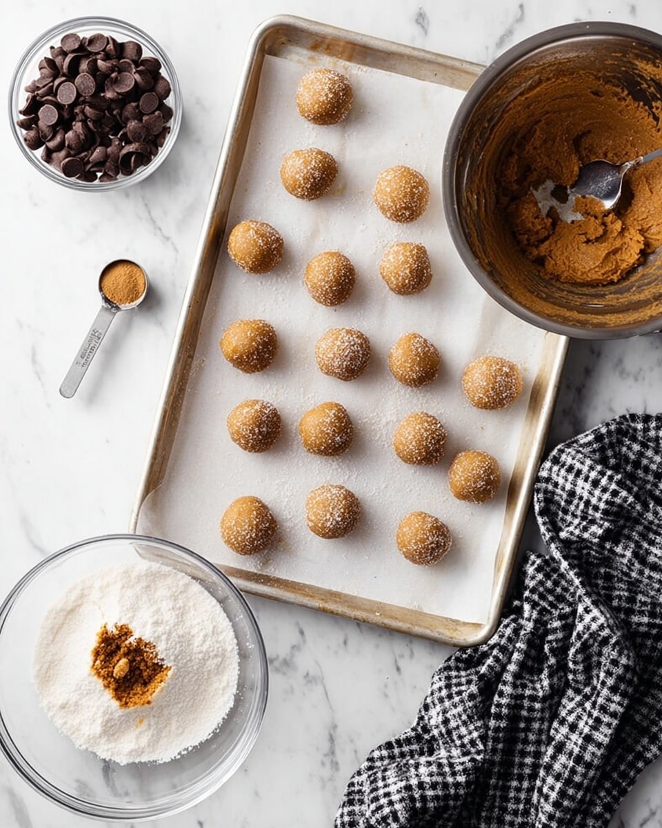 The image shows a white marbled surface with a metal baking tray topped with white parchment paper. On the parchment are 13 small round dough balls coated in sugar, evenly spaced in rows. To the right is a silver mixing bowl with some brown dough inside and a small scoop resting on the paper. Below the tray, there is a clear glass bowl half-filled with sugar, with one dough ball being rolled inside. To the left of the tray is a clear glass bowl filled with dark chocolate drops. A black and white checkered cloth is placed near the bottom right corner of the tray. photo taken with an iphone --ar 4:5 --v 7