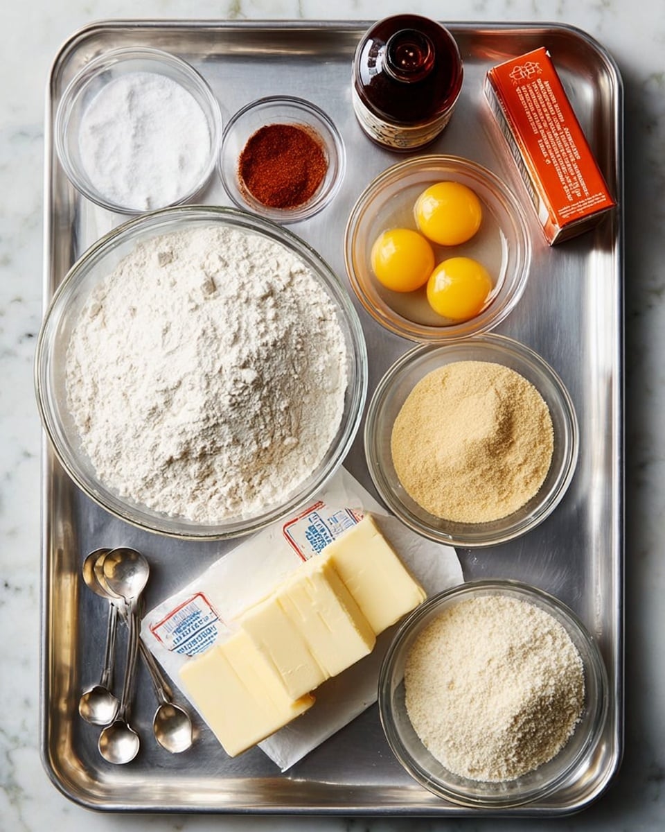 A shiny silver tray on a white marbled surface holds several baking ingredients arranged neatly. In the center, there is a clear bowl filled with white flour that has a slightly rough texture on top. To the right and above, a clear bowl holds two raw eggs showing bright yellow yolks and transparent whites. Near the eggs, a small clear bowl contains a fine, light tan powder. On the left side of the tray, a small glass bowl is filled with white powdered sugar. Below this, two blocks of pale yellow butter lie side by side, one partially wrapped in white paper with red and blue labels. Near the bottom center of the tray, another clear bowl holds a grainy, off-white substance. A few silver measuring spoons rest at the bottom left corner. Above the flour, a small glass bowl holds a reddish-brown spice, next to a small dark bottle and an orange box with white labels. photo taken with an iphone --ar 4:5 --v 7
