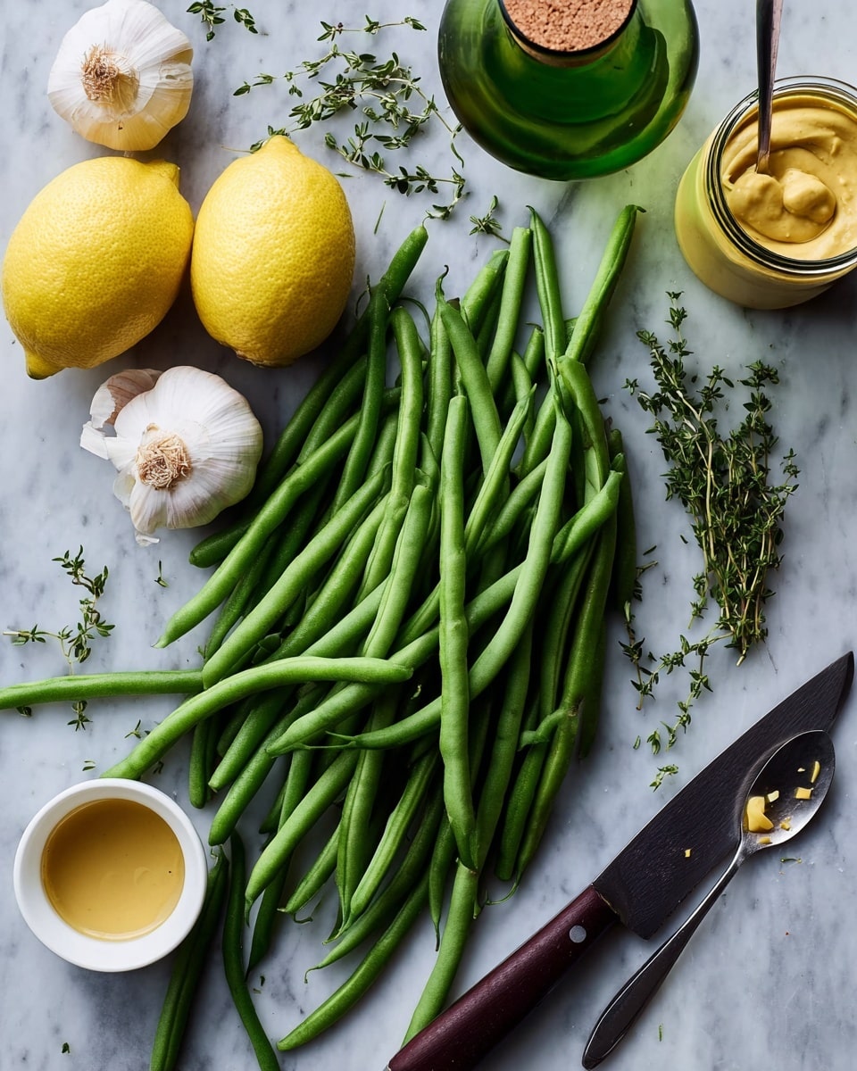 The image shows a pile of fresh green beans spread across a white marbled surface. To the top left of the beans are a whole lemon with a bright yellow rind and a tall green glass bottle with a cork lying next to it. To the right of the beans, there is an open jar filled with smooth yellow mustard with a silver spoon inside. Below the beans is a large knife with a dark wood handle resting flat and a few sprigs of fresh thyme scattered nearby. To the left, a white bowl holds a whole garlic bulb with white, papery skin. The whole scene is arranged naturally with soft, diffused lighting. photo taken with an iphone --ar 4:5 --v 7